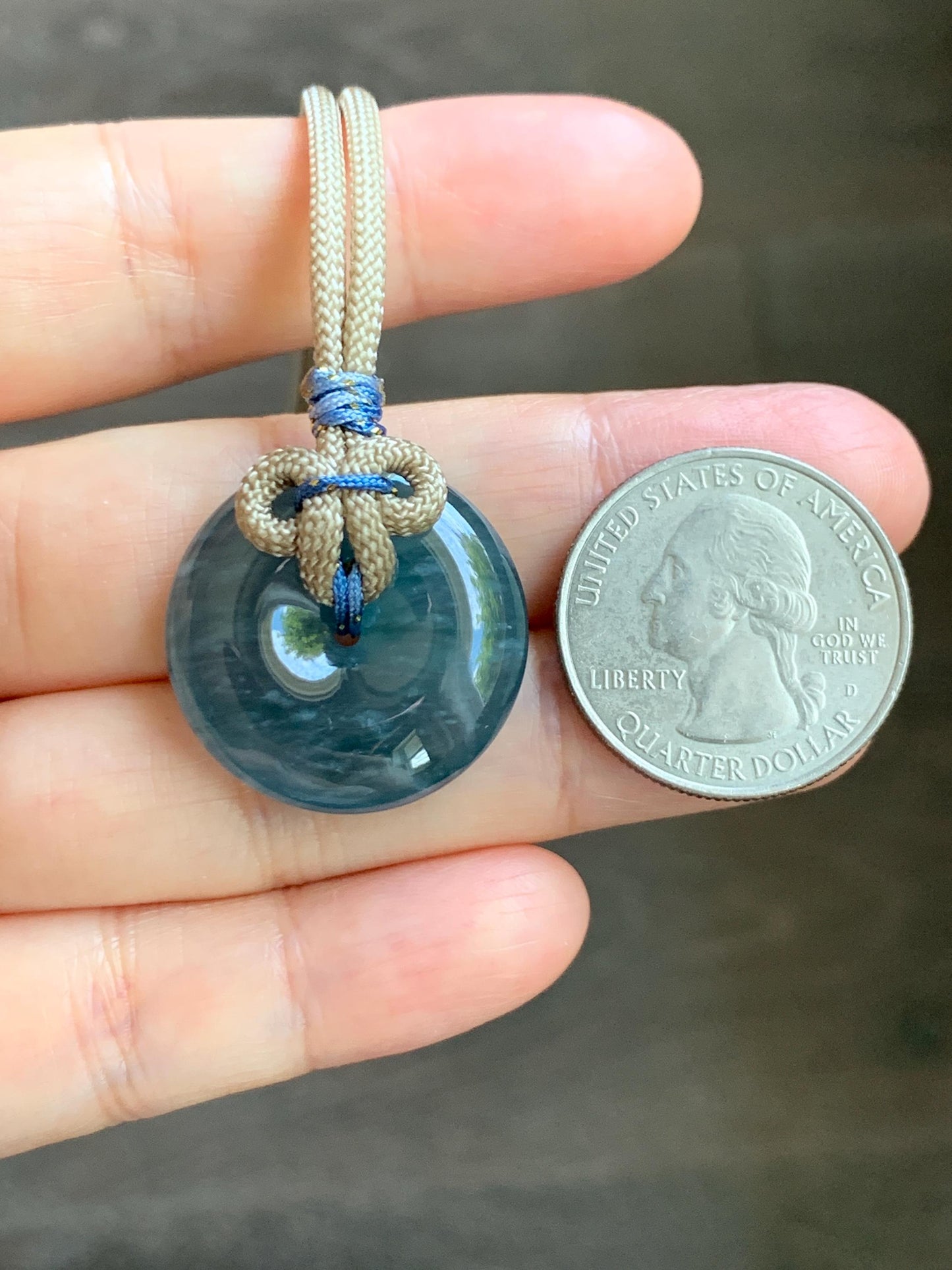 Natural Grade A Guatemalan Icy Translucent Aegean Blue Jade Jadeite Ping An Kou Donut Pendant Rope Necklace 24.5” 10g 天然冰胶危牛仔蓝翡翠平安扣吊坠WLP110E