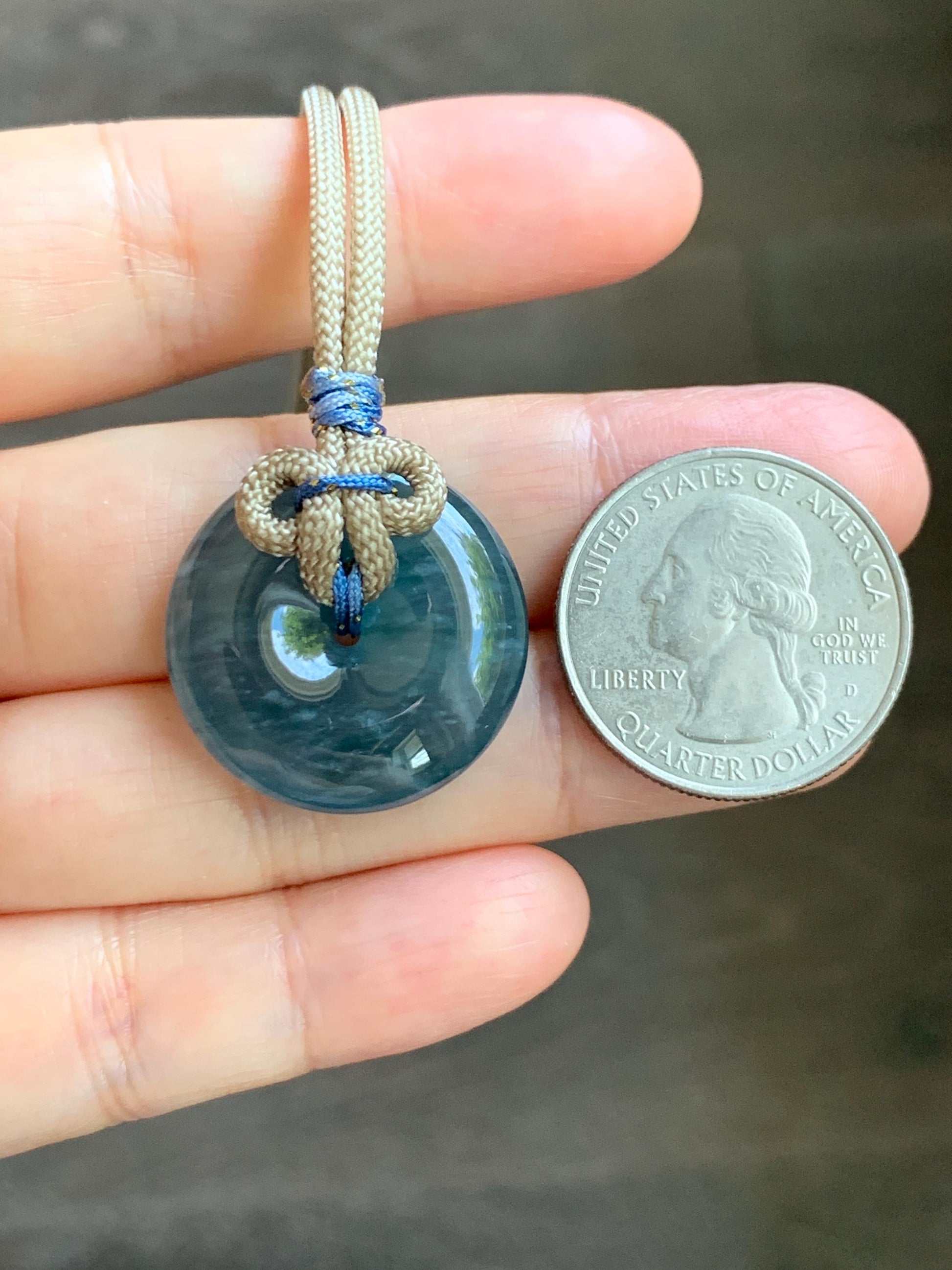 Natural Grade A Guatemalan Icy Translucent Aegean Blue Jade Jadeite Ping An Kou Donut Pendant Rope Necklace 24.5” 10g 天然冰胶危牛仔蓝翡翠平安扣吊坠WLP110E