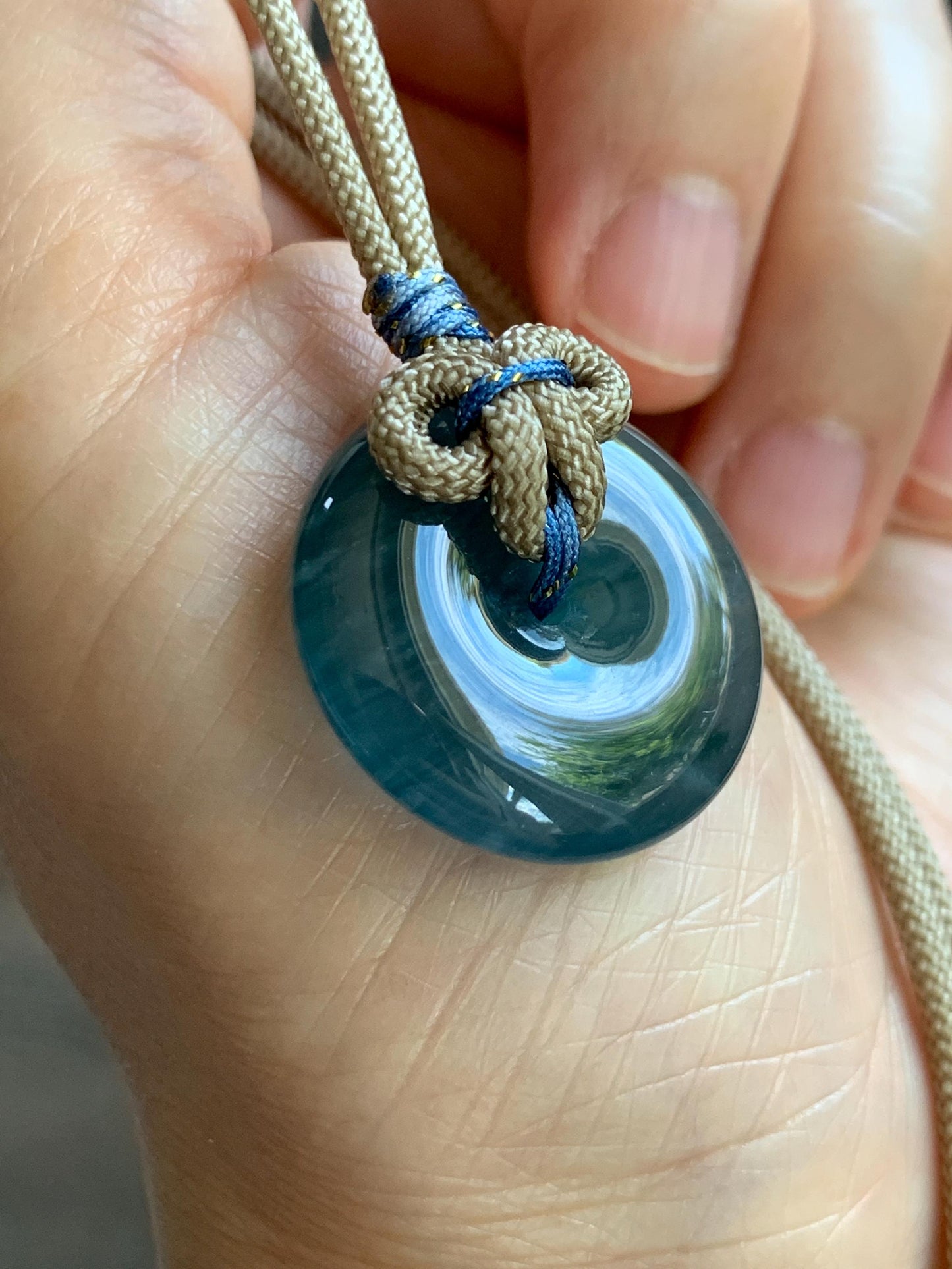 Natural Grade A Guatemalan Icy Translucent Aegean Blue Jade Jadeite Ping An Kou Donut Pendant Rope Necklace 24.5” 10g 天然冰胶危牛仔蓝翡翠平安扣吊坠WLP110E