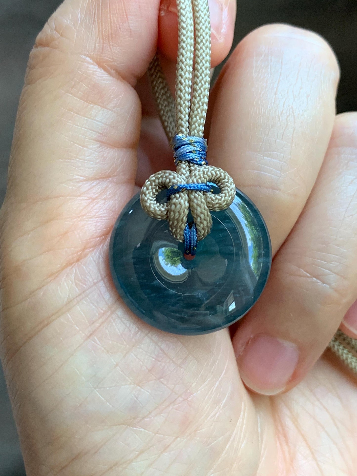Natural Grade A Guatemalan Icy Translucent Aegean Blue Jade Jadeite Ping An Kou Donut Pendant Rope Necklace 24.5” 10g 天然冰胶危牛仔蓝翡翠平安扣吊坠WLP110E