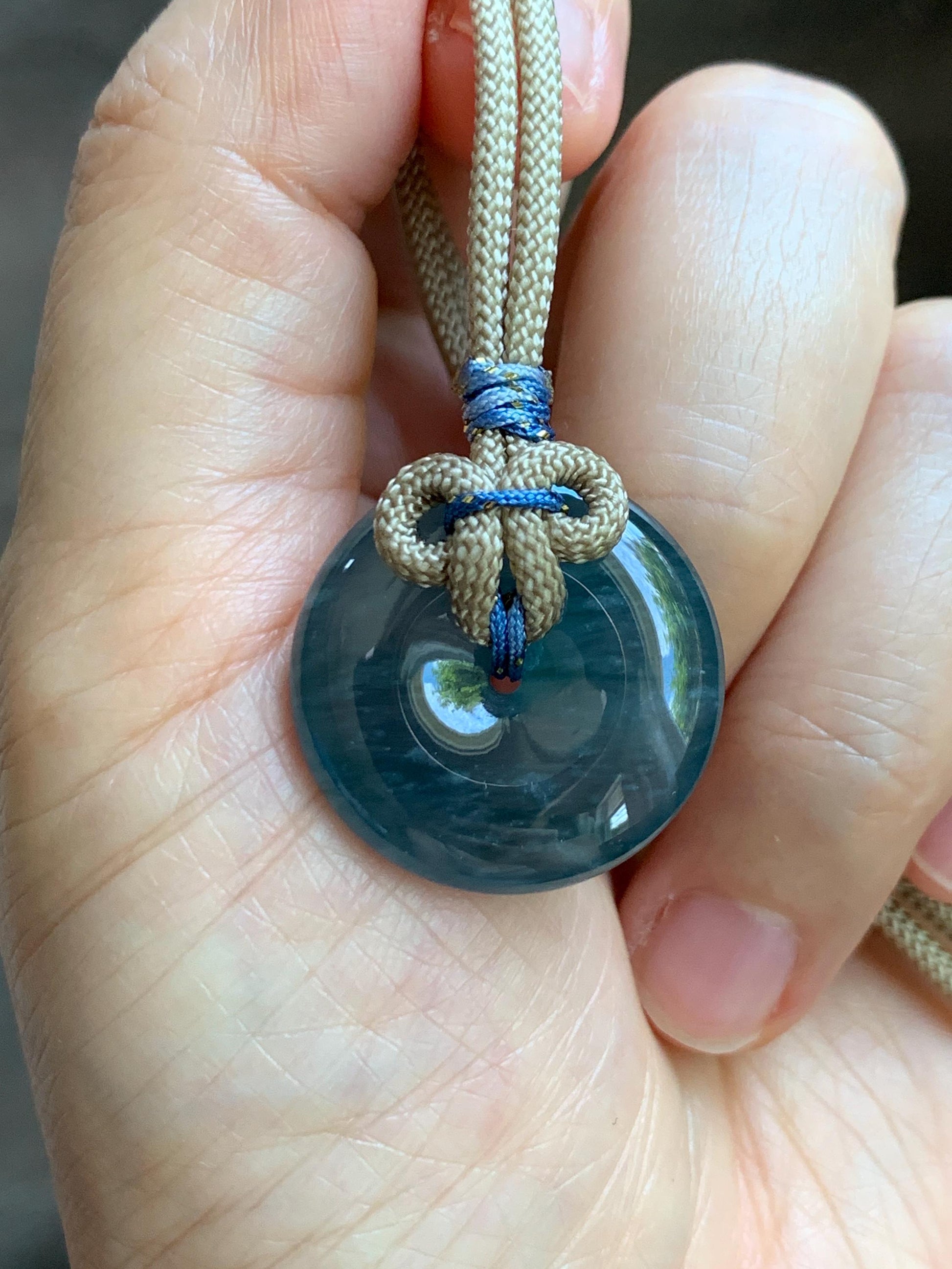 Natural Grade A Guatemalan Icy Translucent Aegean Blue Jade Jadeite Ping An Kou Donut Pendant Rope Necklace 24.5” 10g 天然冰胶危牛仔蓝翡翠平安扣吊坠WLP110E