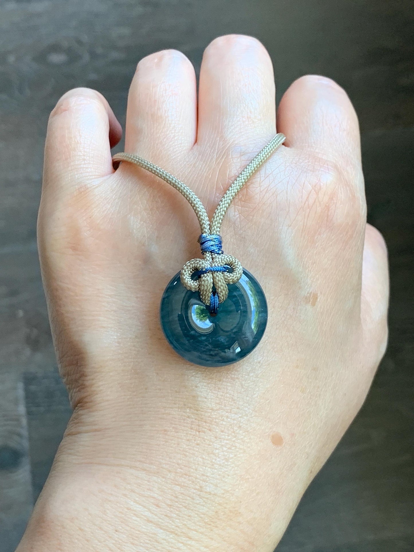 Natural Grade A Guatemalan Icy Translucent Aegean Blue Jade Jadeite Ping An Kou Donut Pendant Rope Necklace 24.5” 10g 天然冰胶危牛仔蓝翡翠平安扣吊坠WLP110E