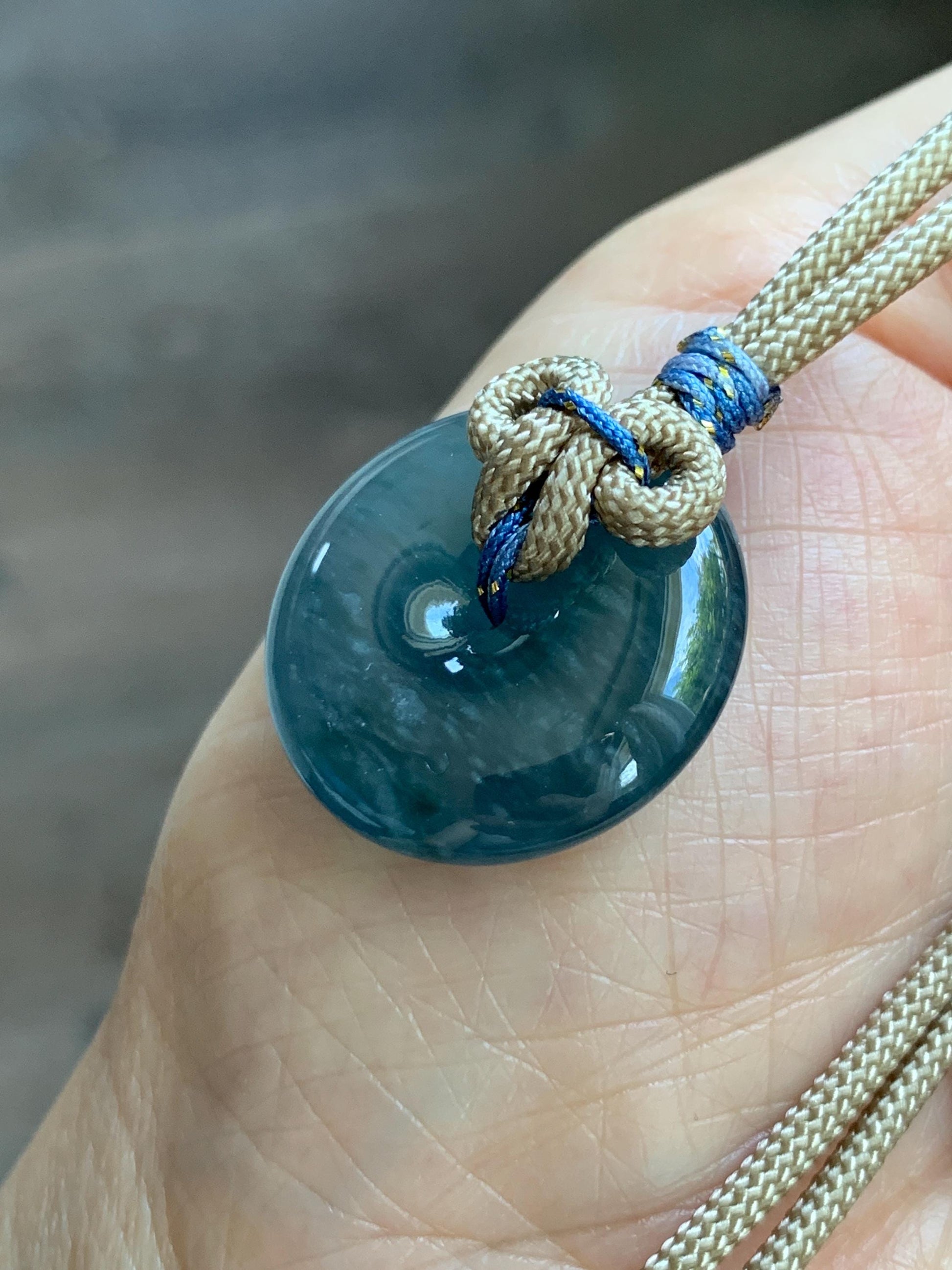 Natural Grade A Guatemalan Icy Translucent Aegean Blue Jade Jadeite Ping An Kou Donut Pendant Rope Necklace 24.5” 10g 天然冰胶危牛仔蓝翡翠平安扣吊坠WLP110E