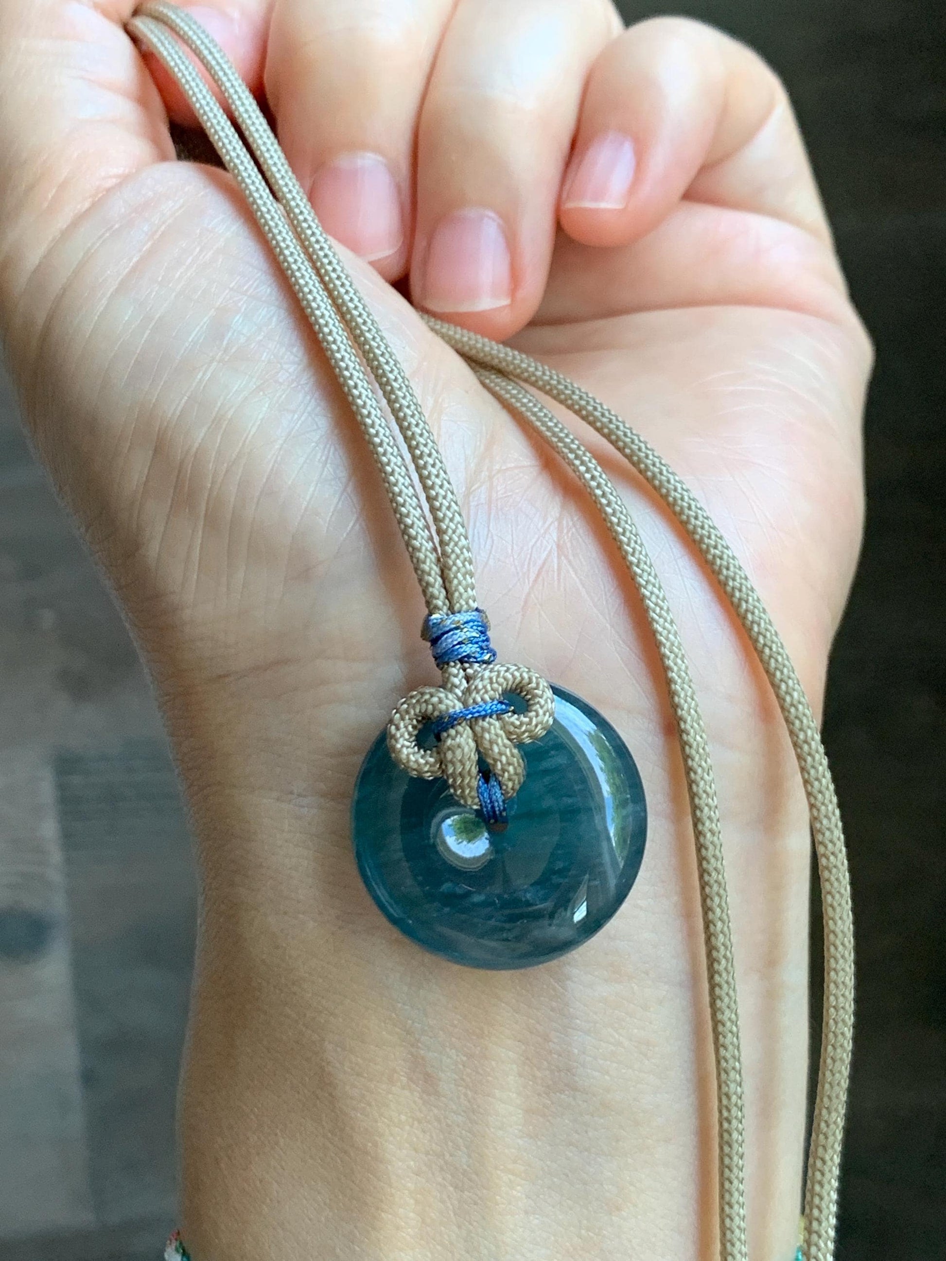 Natural Grade A Guatemalan Icy Translucent Aegean Blue Jade Jadeite Ping An Kou Donut Pendant Rope Necklace 24.5” 10g 天然冰胶危牛仔蓝翡翠平安扣吊坠WLP110E