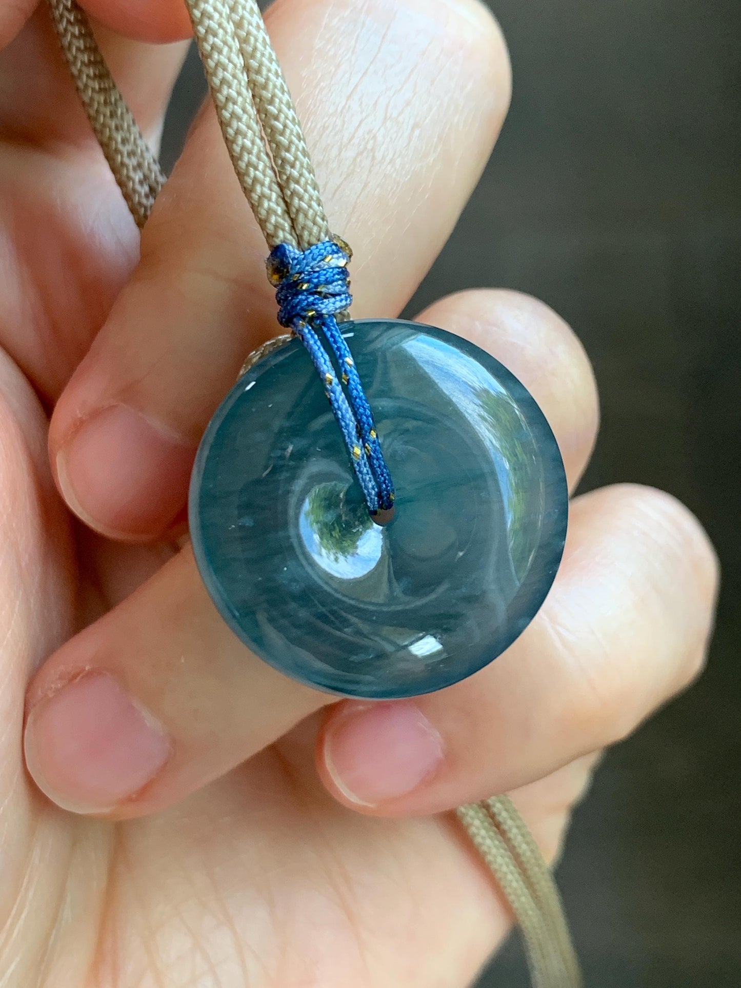 Natural Grade A Guatemalan Icy Translucent Aegean Blue Jade Jadeite Ping An Kou Donut Pendant Rope Necklace 24.5” 10g 天然冰胶危牛仔蓝翡翠平安扣吊坠WLP110E