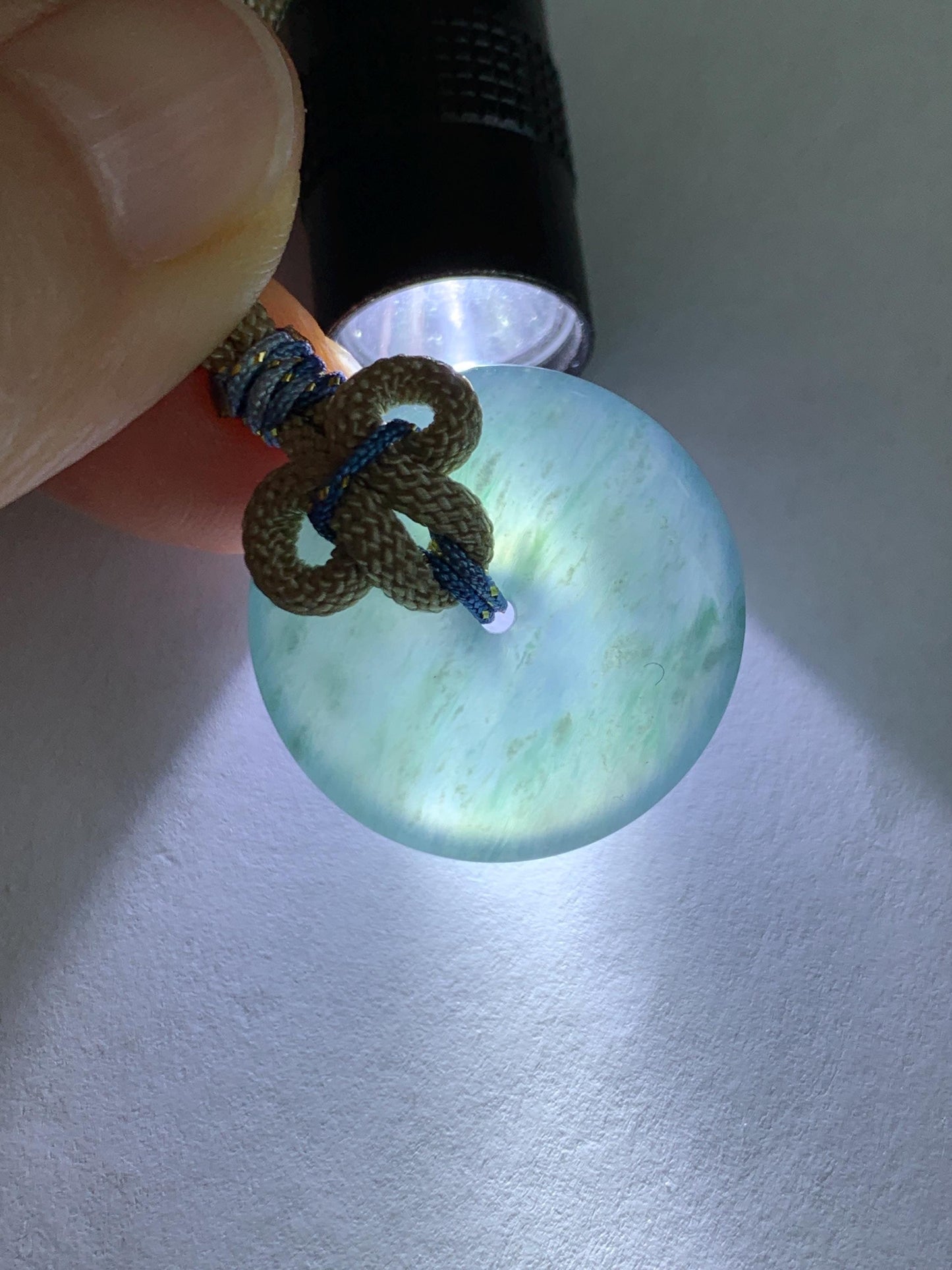 Natural Grade A Guatemalan Icy Translucent Aegean Blue Jade Jadeite Ping An Kou Donut Pendant Rope Necklace 24.5” 10g 天然冰胶危牛仔蓝翡翠平安扣吊坠WLP110E