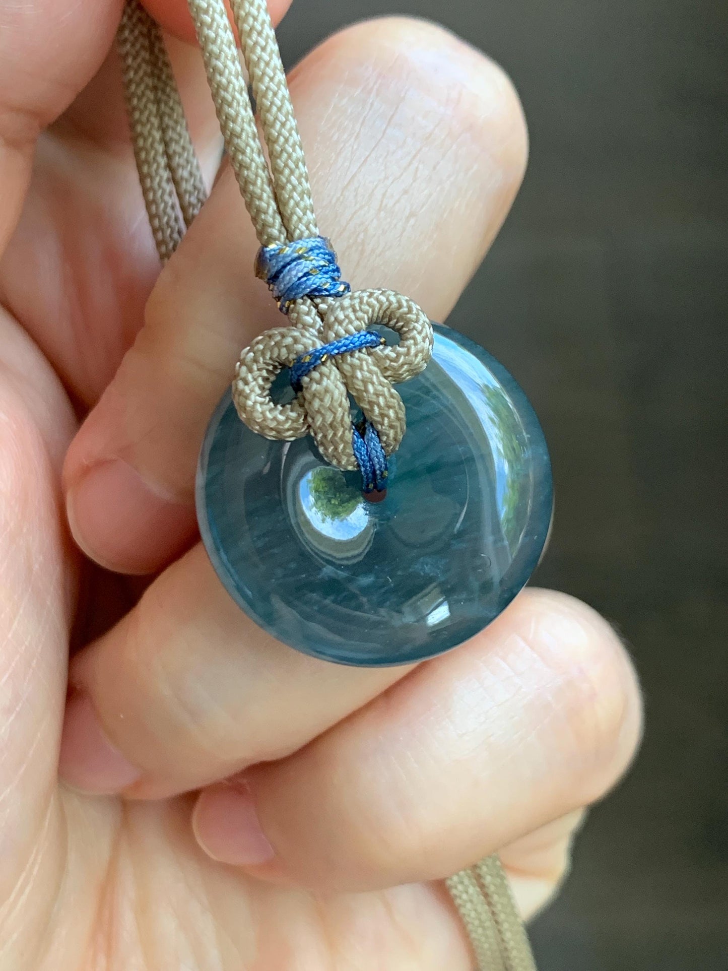 Natural Grade A Guatemalan Icy Translucent Aegean Blue Jade Jadeite Ping An Kou Donut Pendant Rope Necklace 24.5” 10g 天然冰胶危牛仔蓝翡翠平安扣吊坠WLP110E