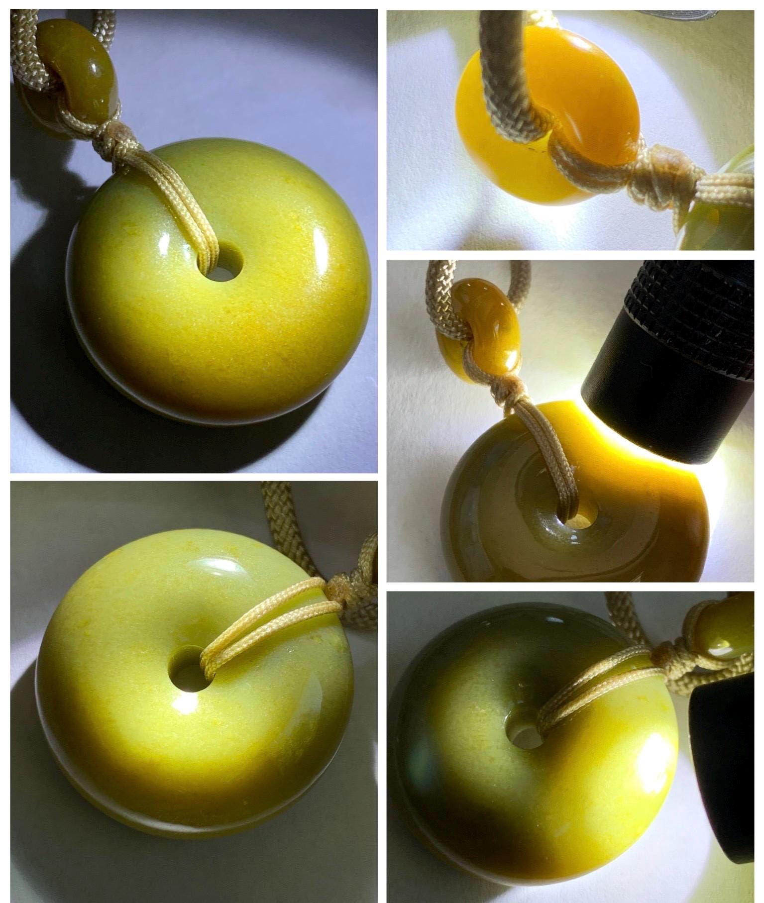 Natural Grade A Icy Dark Yellow Jade Jadeite Ping An Kou Donut Pendant Rope Necklace 24” 14g 天然冰黄翡平安扣吊坠 MHK140