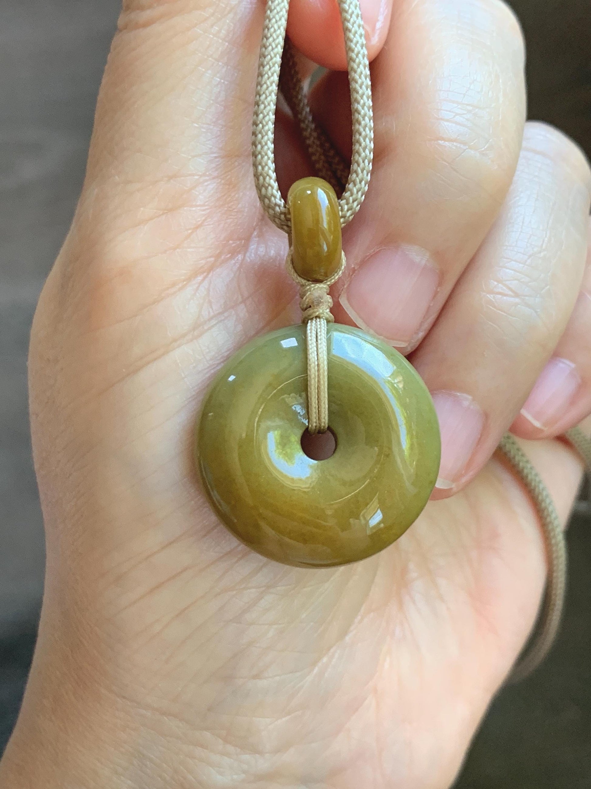 Natural Grade A Icy Dark Yellow Jade Jadeite Ping An Kou Donut Pendant Rope Necklace 24” 14g 天然冰黄翡平安扣吊坠 MHK140
