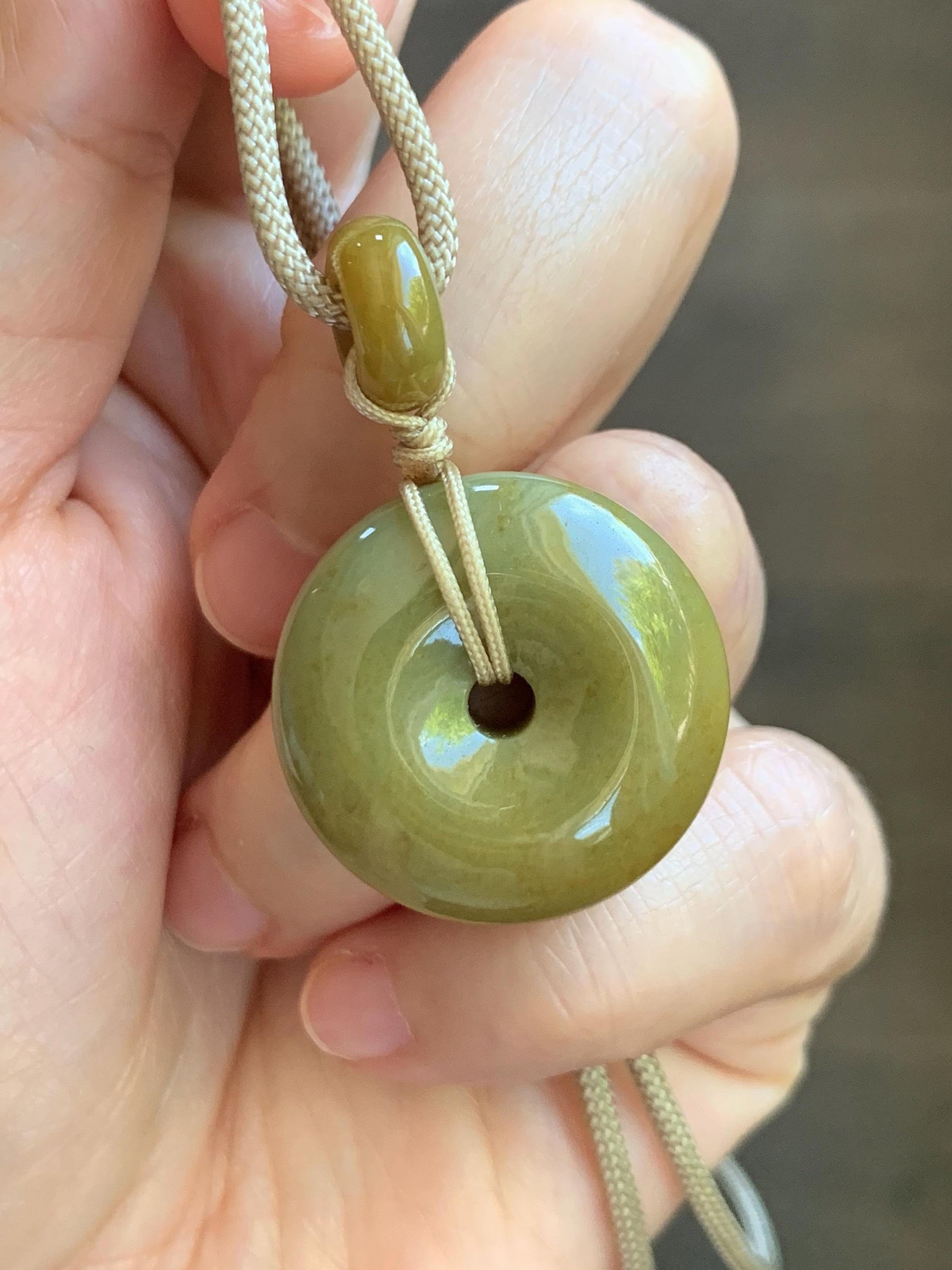 Natural Grade A Icy Dark Yellow Jade Jadeite Ping An Kou Donut Pendant Rope Necklace 24” 14g 天然冰黄翡平安扣吊坠 MHK140
