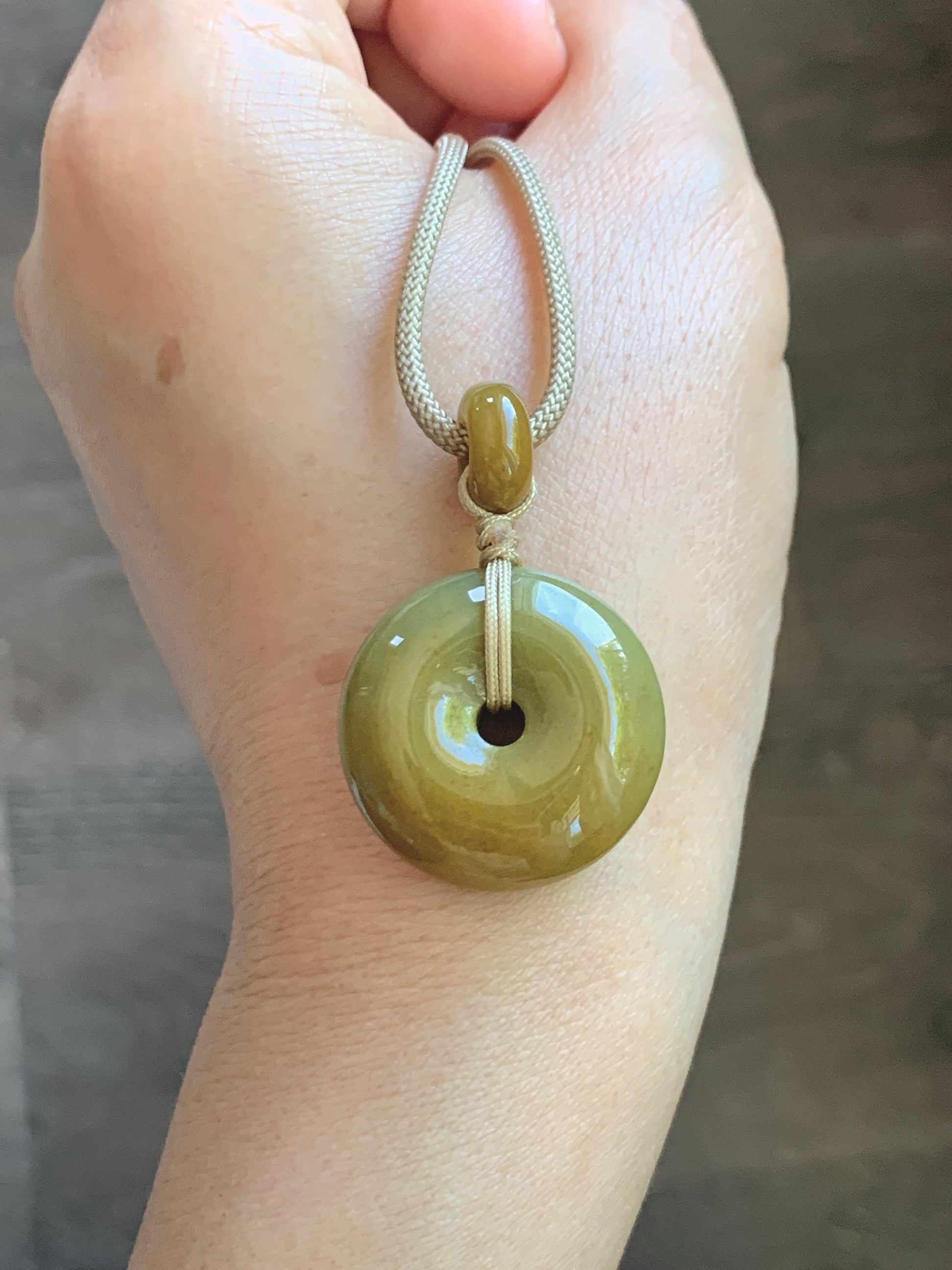 Natural Grade A Icy Dark Yellow Jade Jadeite Ping An Kou Donut Pendant Rope Necklace 24” 14g 天然冰黄翡平安扣吊坠 MHK140