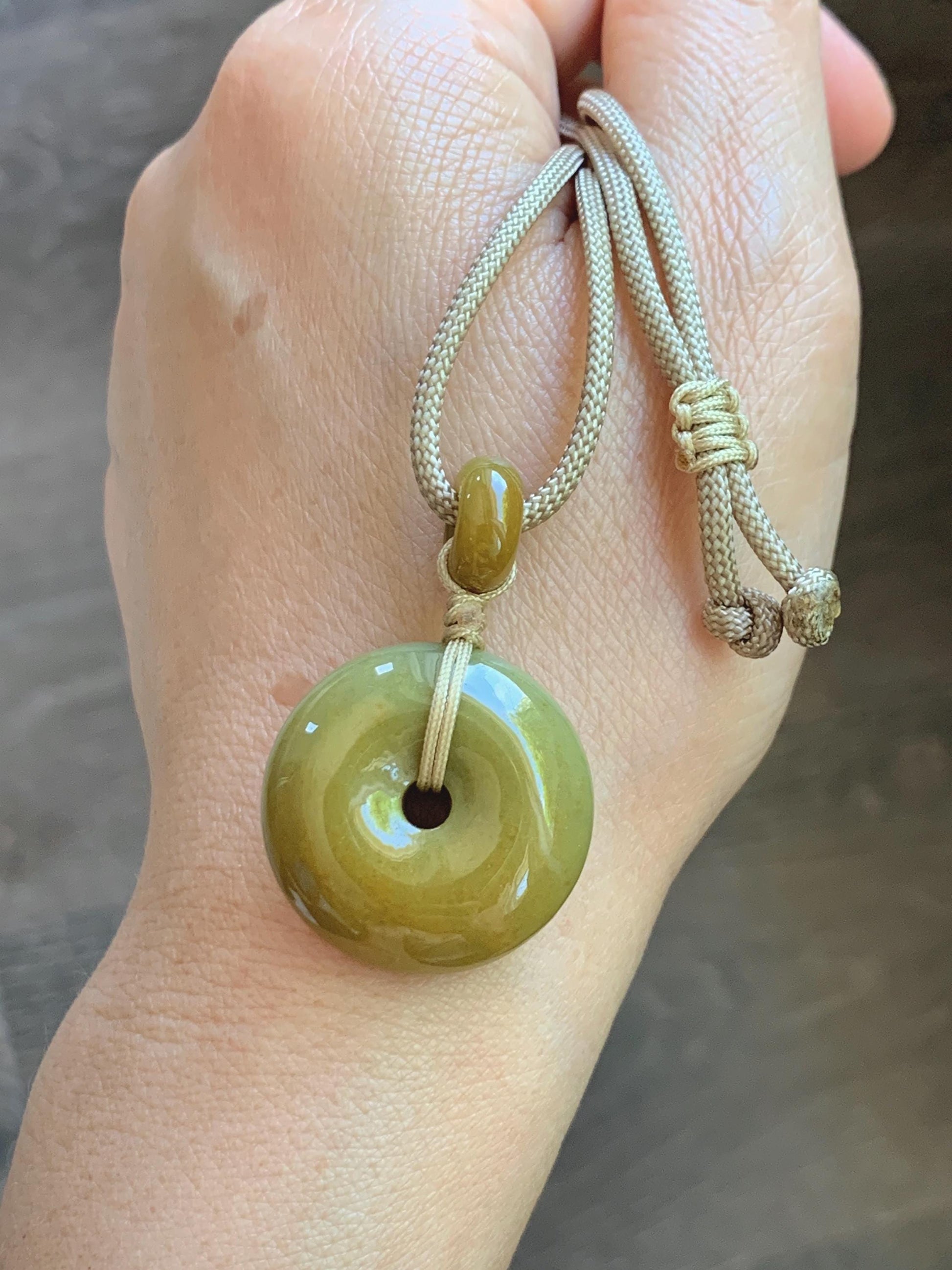 Natural Grade A Icy Dark Yellow Jade Jadeite Ping An Kou Donut Pendant Rope Necklace 24” 14g 天然冰黄翡平安扣吊坠 MHK140