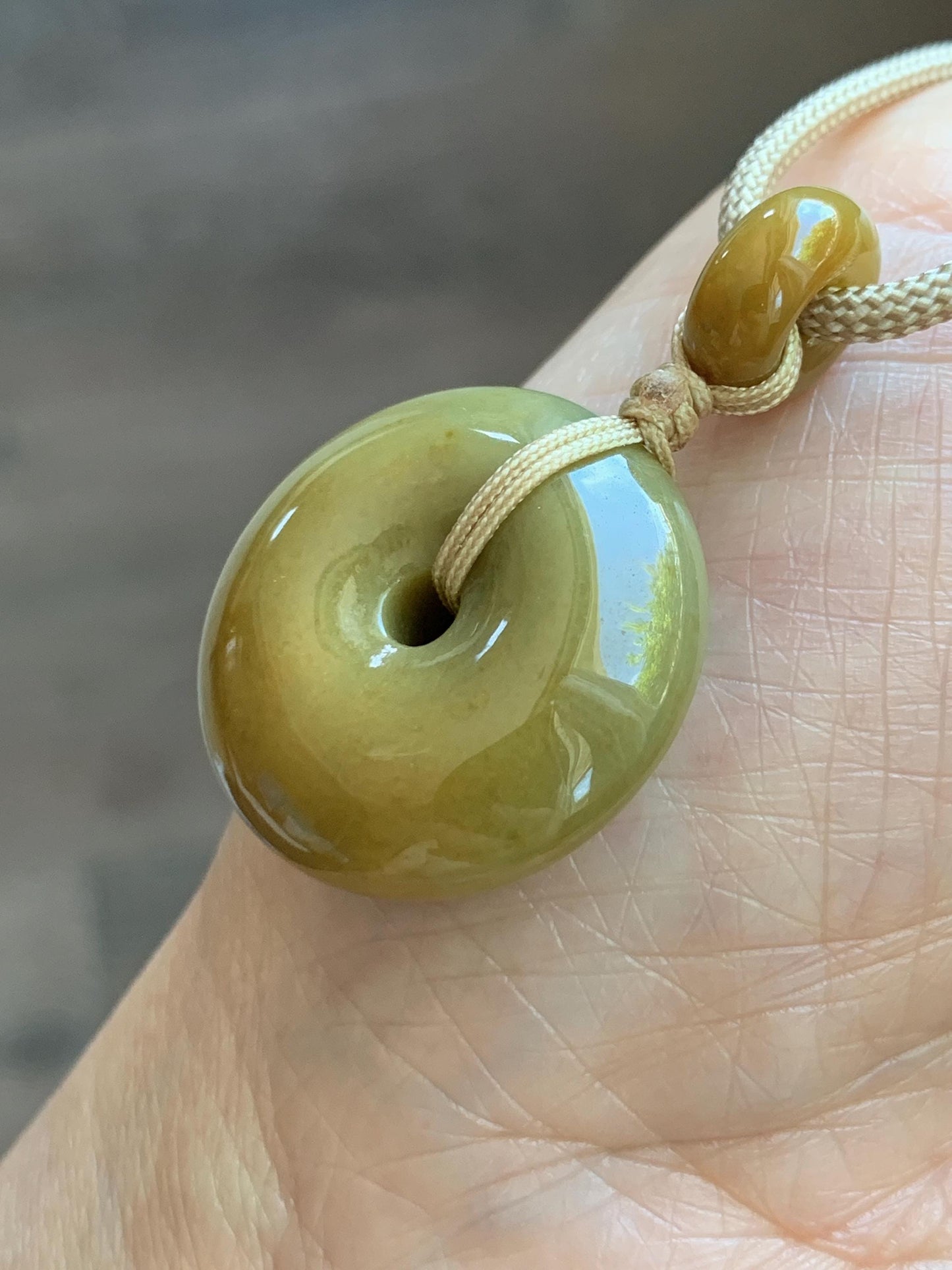 Natural Grade A Icy Dark Yellow Jade Jadeite Ping An Kou Donut Pendant Rope Necklace 24” 14g 天然冰黄翡平安扣吊坠 MHK140