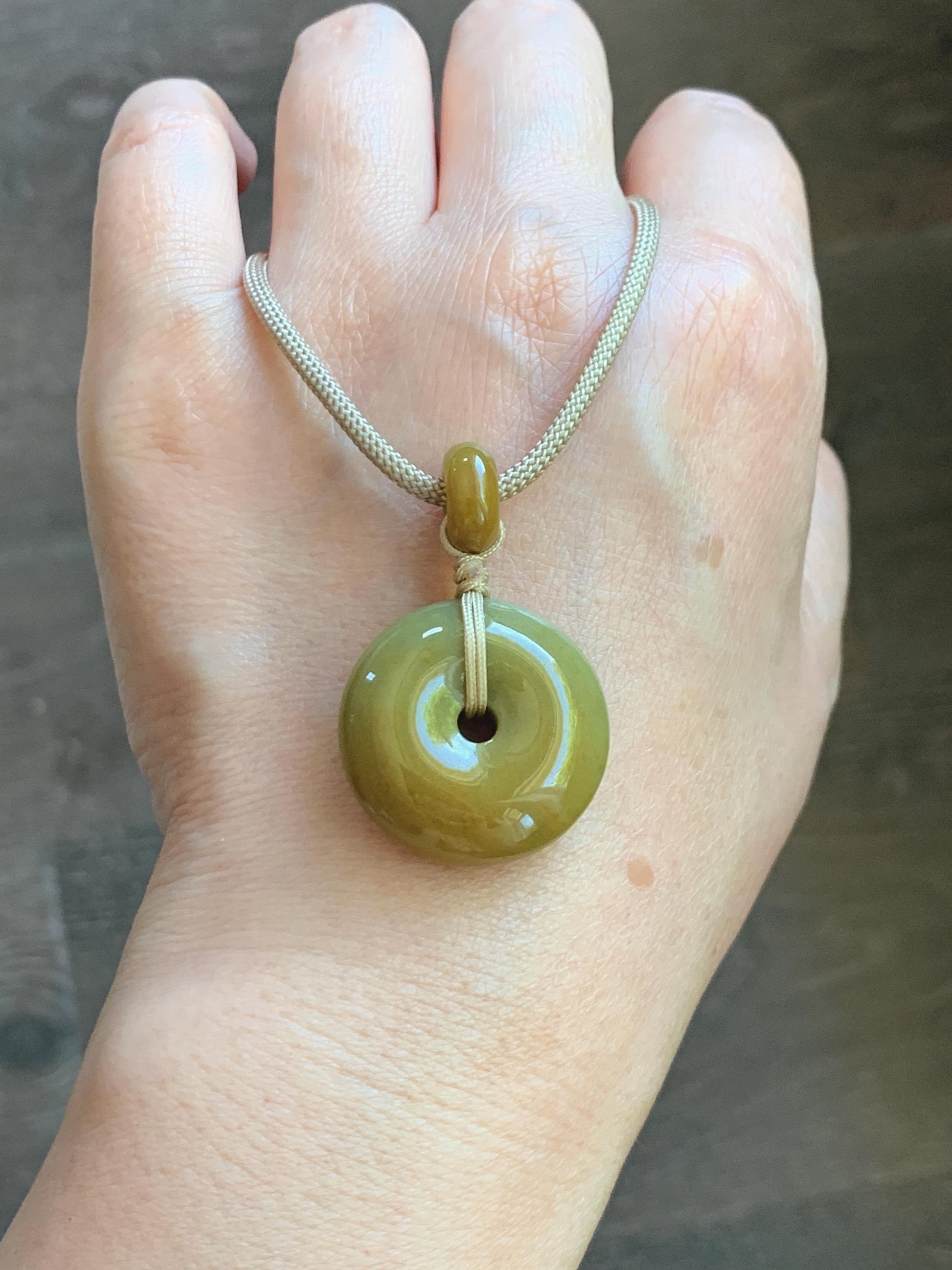 Natural Grade A Icy Dark Yellow Jade Jadeite Ping An Kou Donut Pendant Rope Necklace 24” 14g 天然冰黄翡平安扣吊坠 MHK140