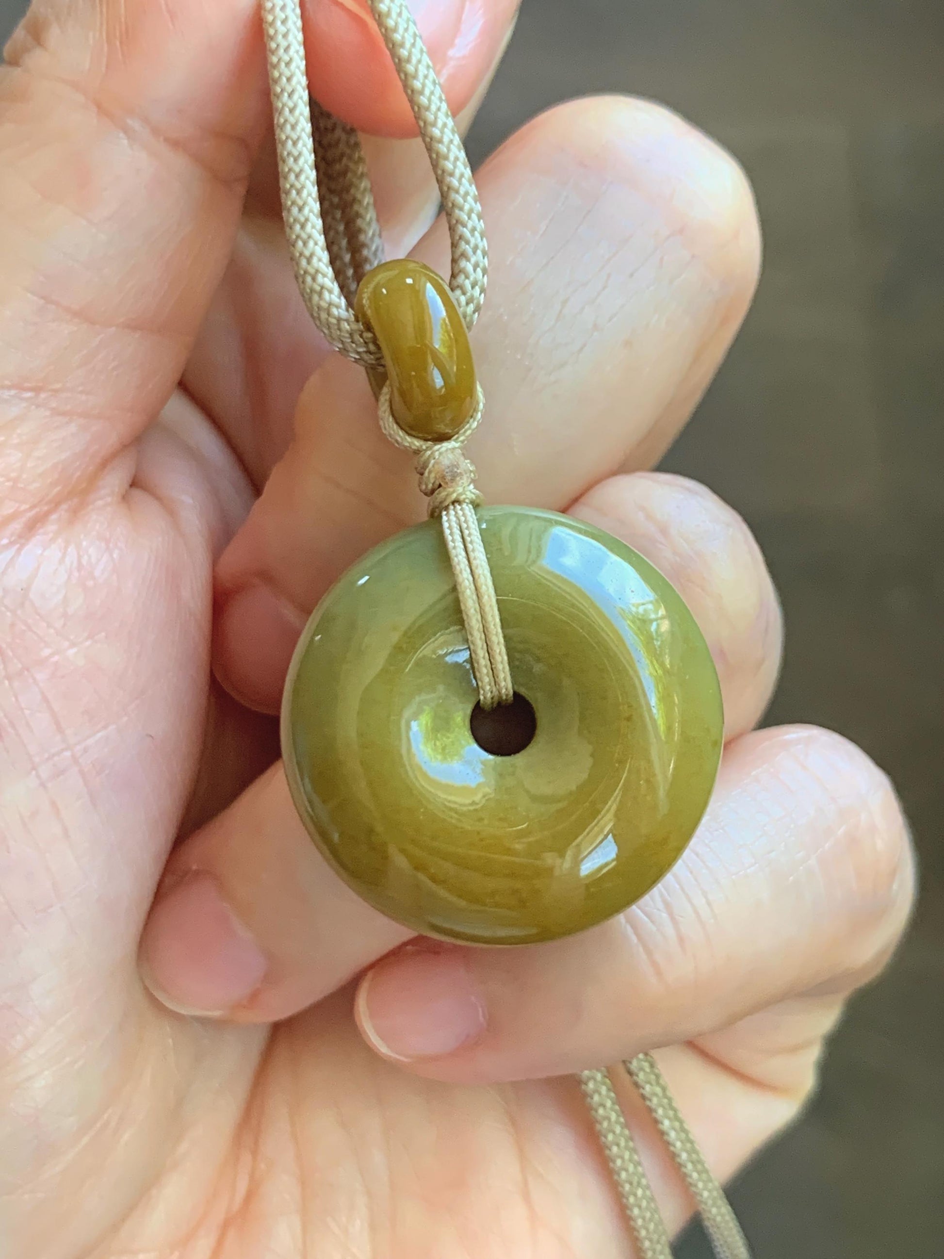Natural Grade A Icy Dark Yellow Jade Jadeite Ping An Kou Donut Pendant Rope Necklace 24” 14g 天然冰黄翡平安扣吊坠 MHK140