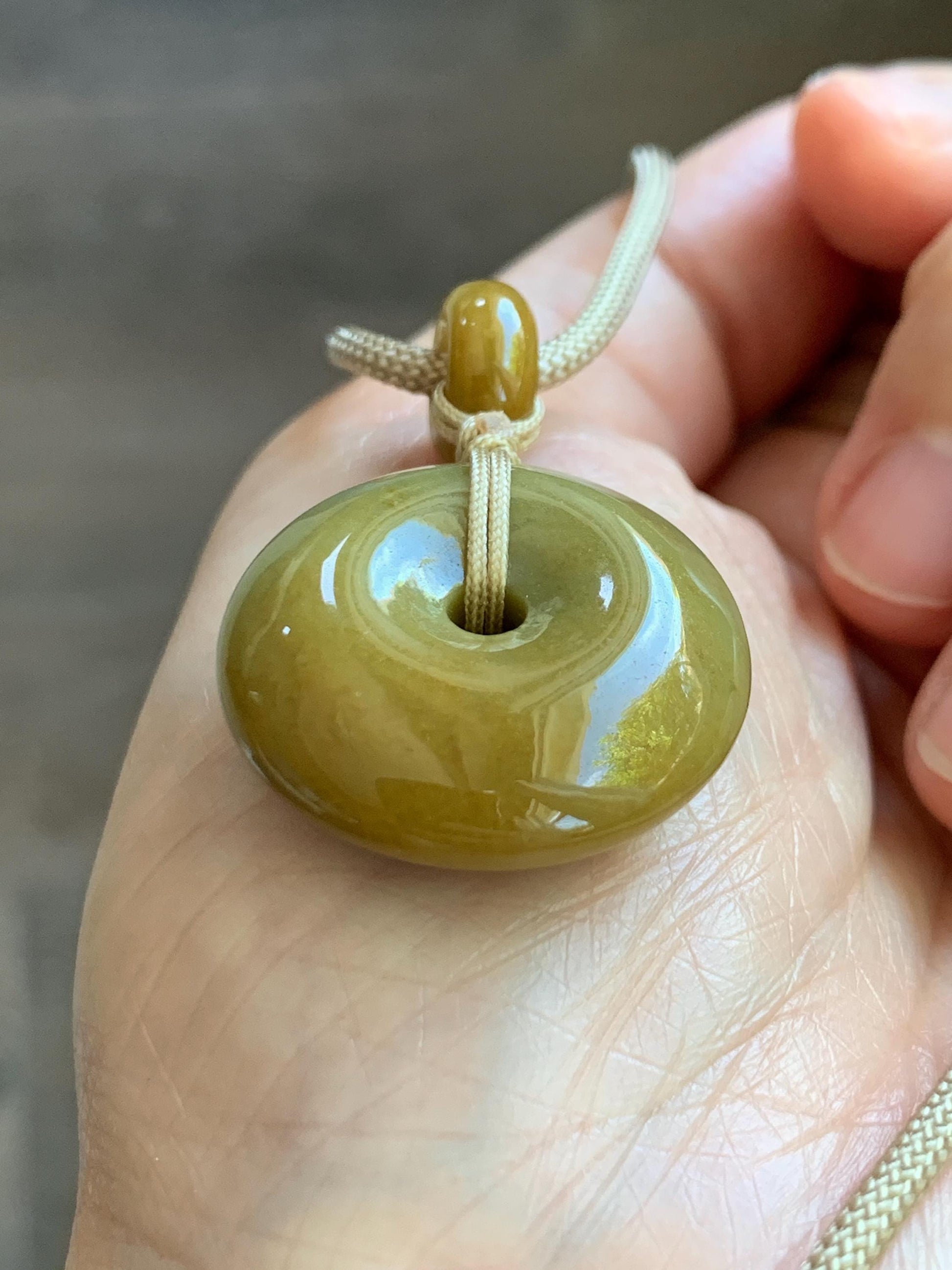 Natural Grade A Icy Dark Yellow Jade Jadeite Ping An Kou Donut Pendant Rope Necklace 24” 14g 天然冰黄翡平安扣吊坠 MHK140