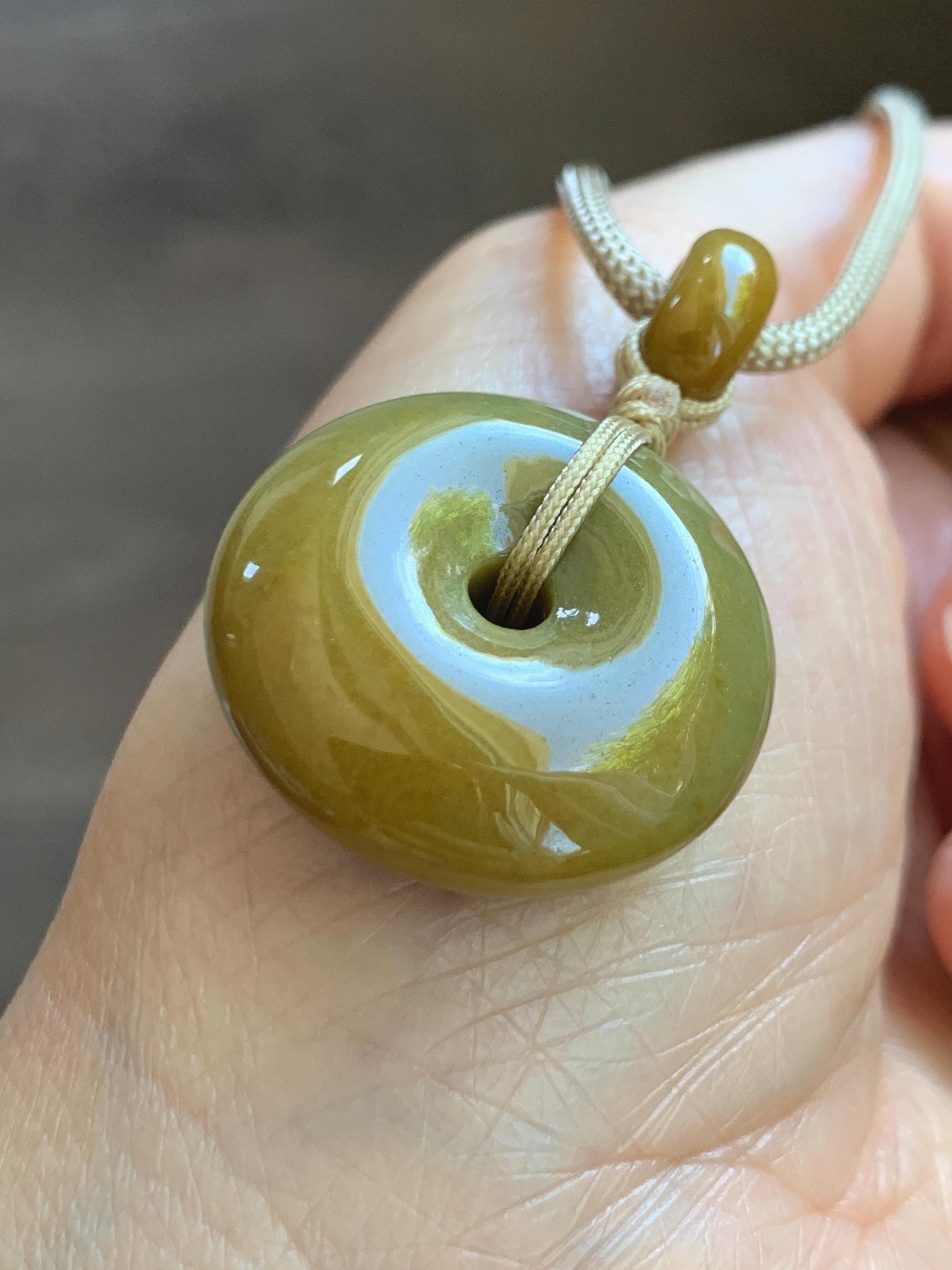 Natural Grade A Icy Dark Yellow Jade Jadeite Ping An Kou Donut Pendant Rope Necklace 24” 14g 天然冰黄翡平安扣吊坠 MHK140