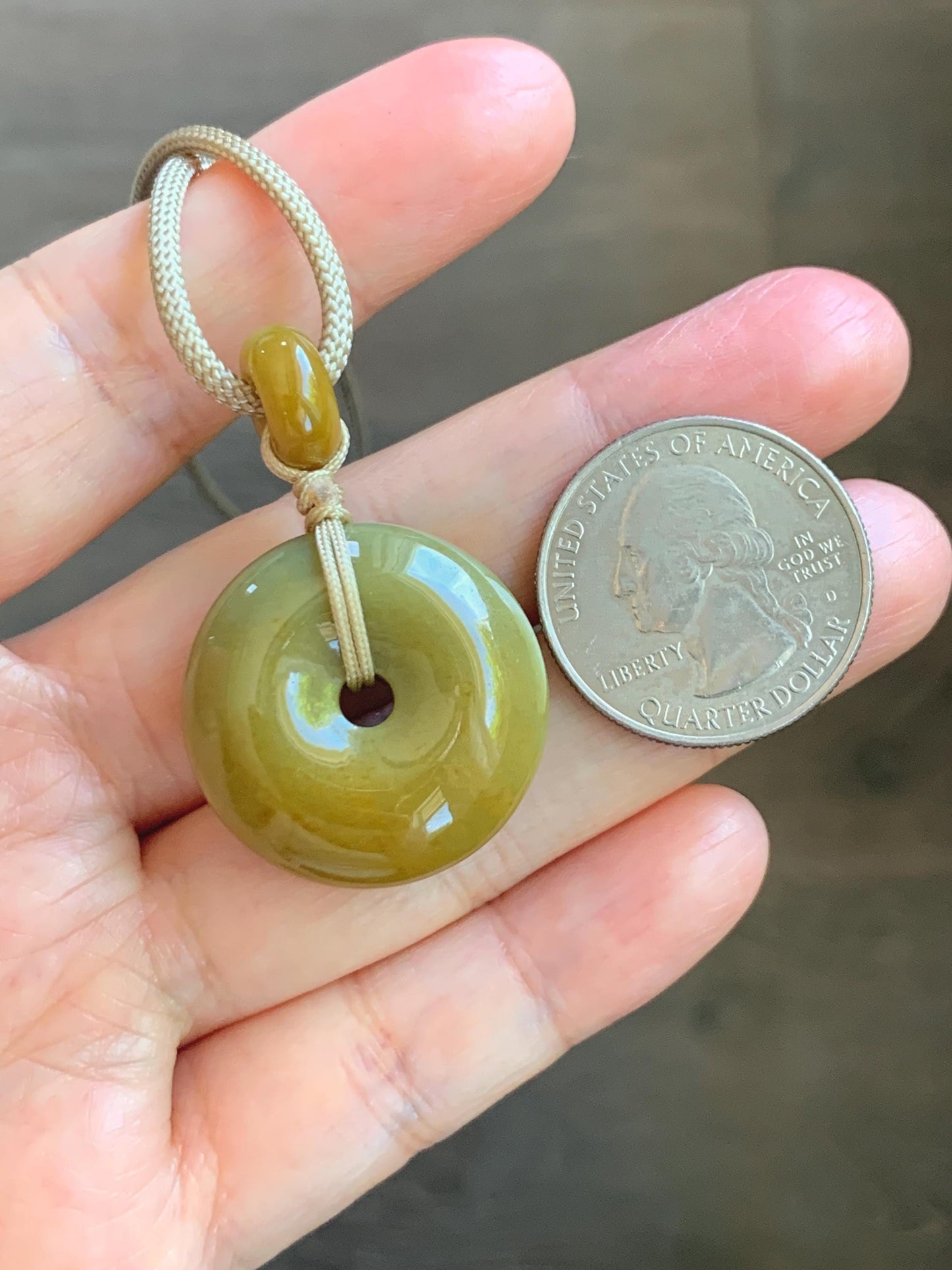 Natural Grade A Icy Dark Yellow Jade Jadeite Ping An Kou Donut Pendant Rope Necklace 24” 14g 天然冰黄翡平安扣吊坠 MHK140