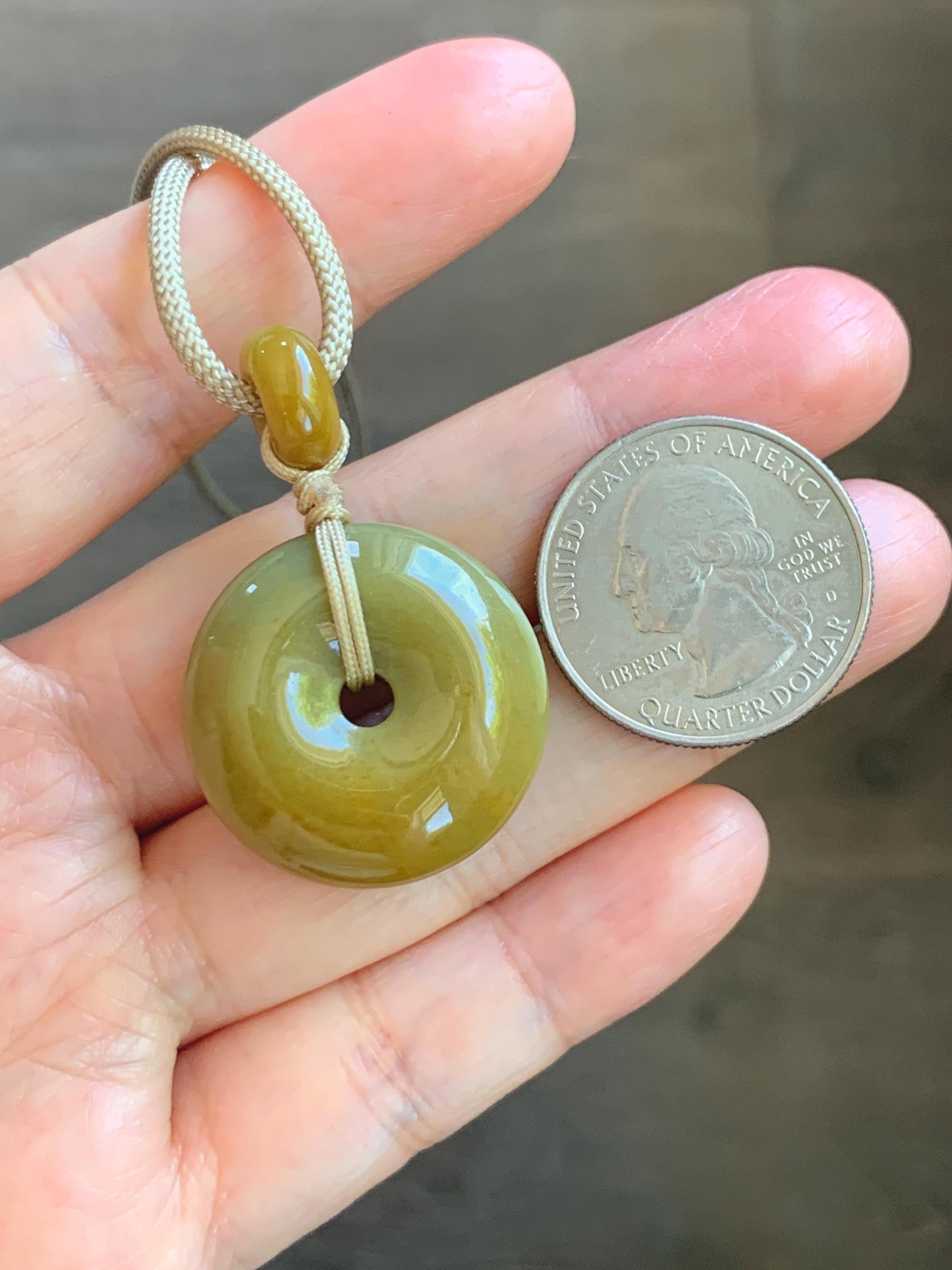 Natural Grade A Icy Dark Yellow Jade Jadeite Ping An Kou Donut Pendant Rope Necklace 24” 14g 天然冰黄翡平安扣吊坠 MHK140