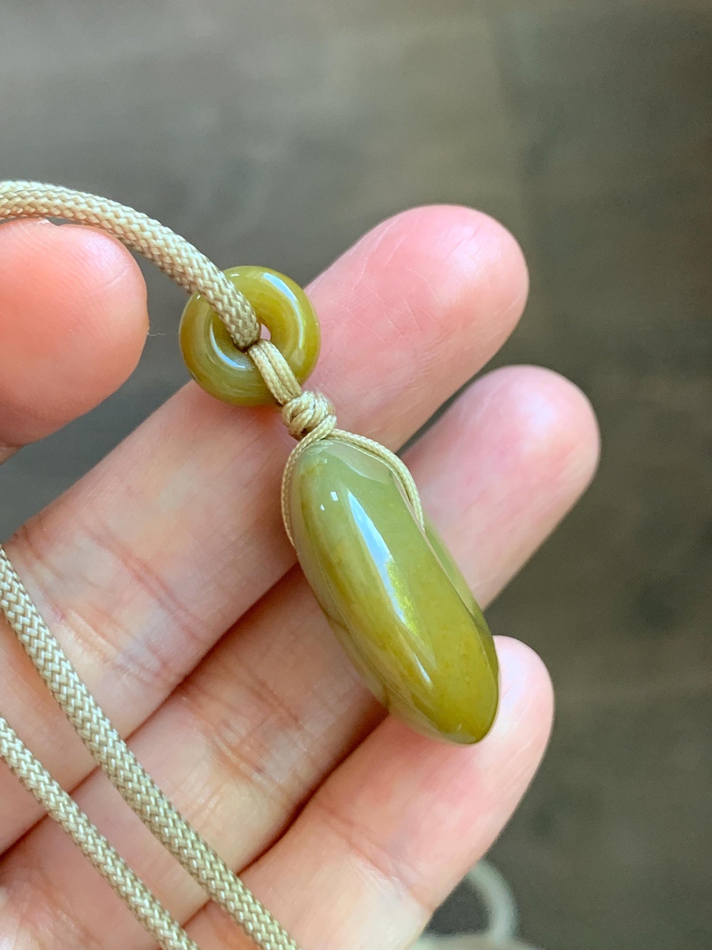 Natural Grade A Icy Dark Yellow Jade Jadeite Ping An Kou Donut Pendant Rope Necklace 24” 14g 天然冰黄翡平安扣吊坠 MHK140