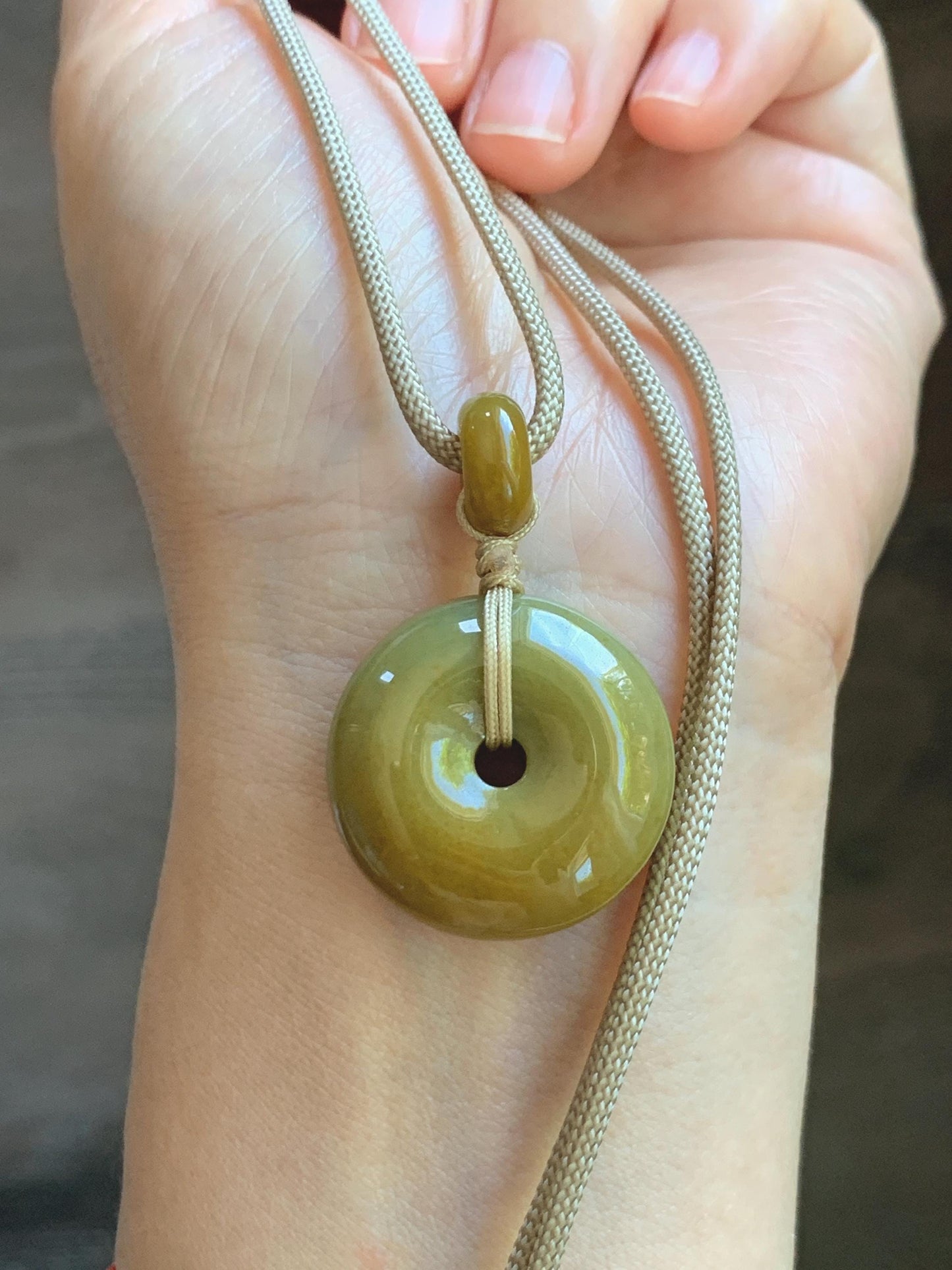 Natural Grade A Icy Dark Yellow Jade Jadeite Ping An Kou Donut Pendant Rope Necklace 24” 14g 天然冰黄翡平安扣吊坠 MHK140