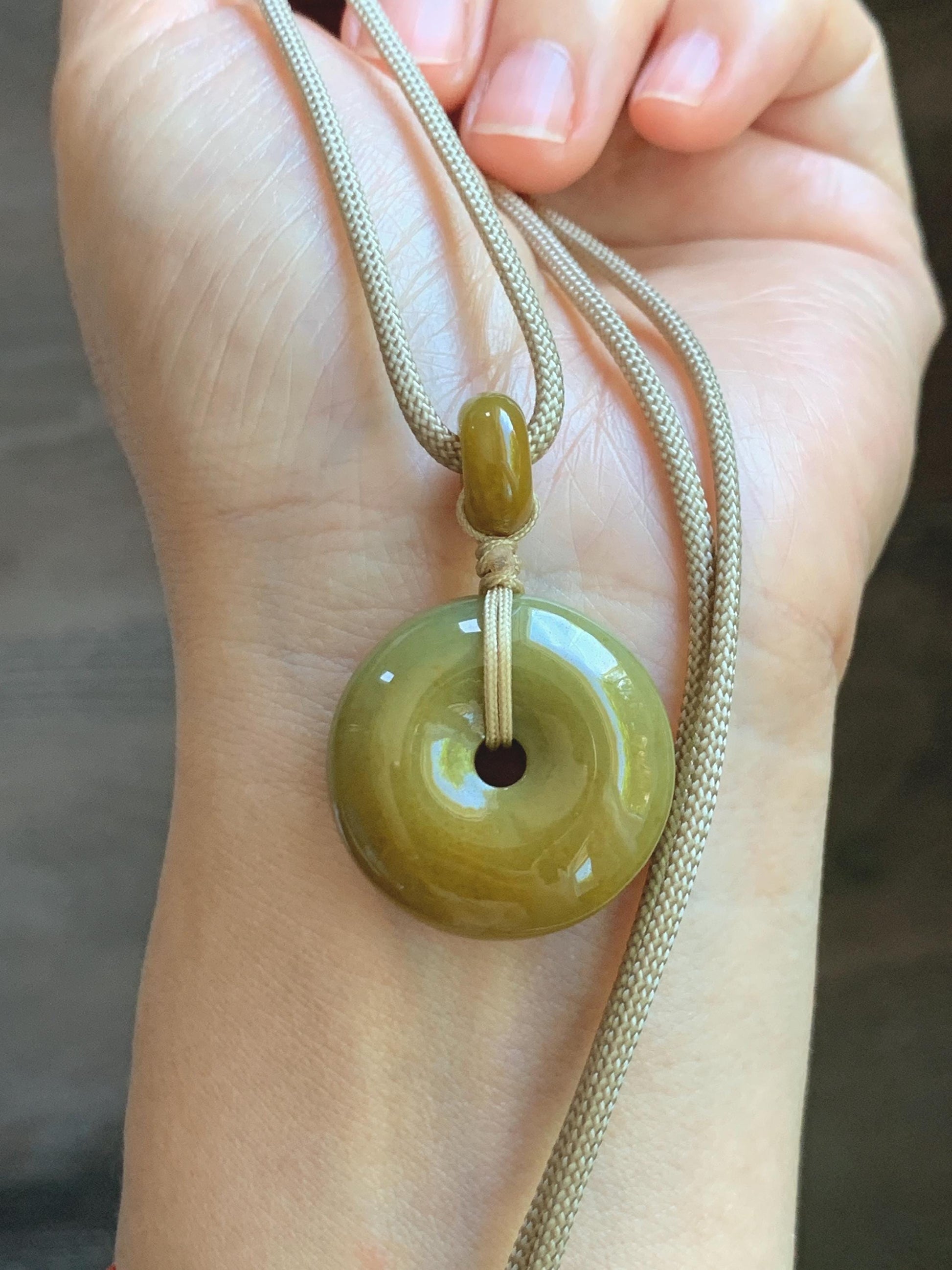 Natural Grade A Icy Dark Yellow Jade Jadeite Ping An Kou Donut Pendant Rope Necklace 24” 14g 天然冰黄翡平安扣吊坠 MHK140