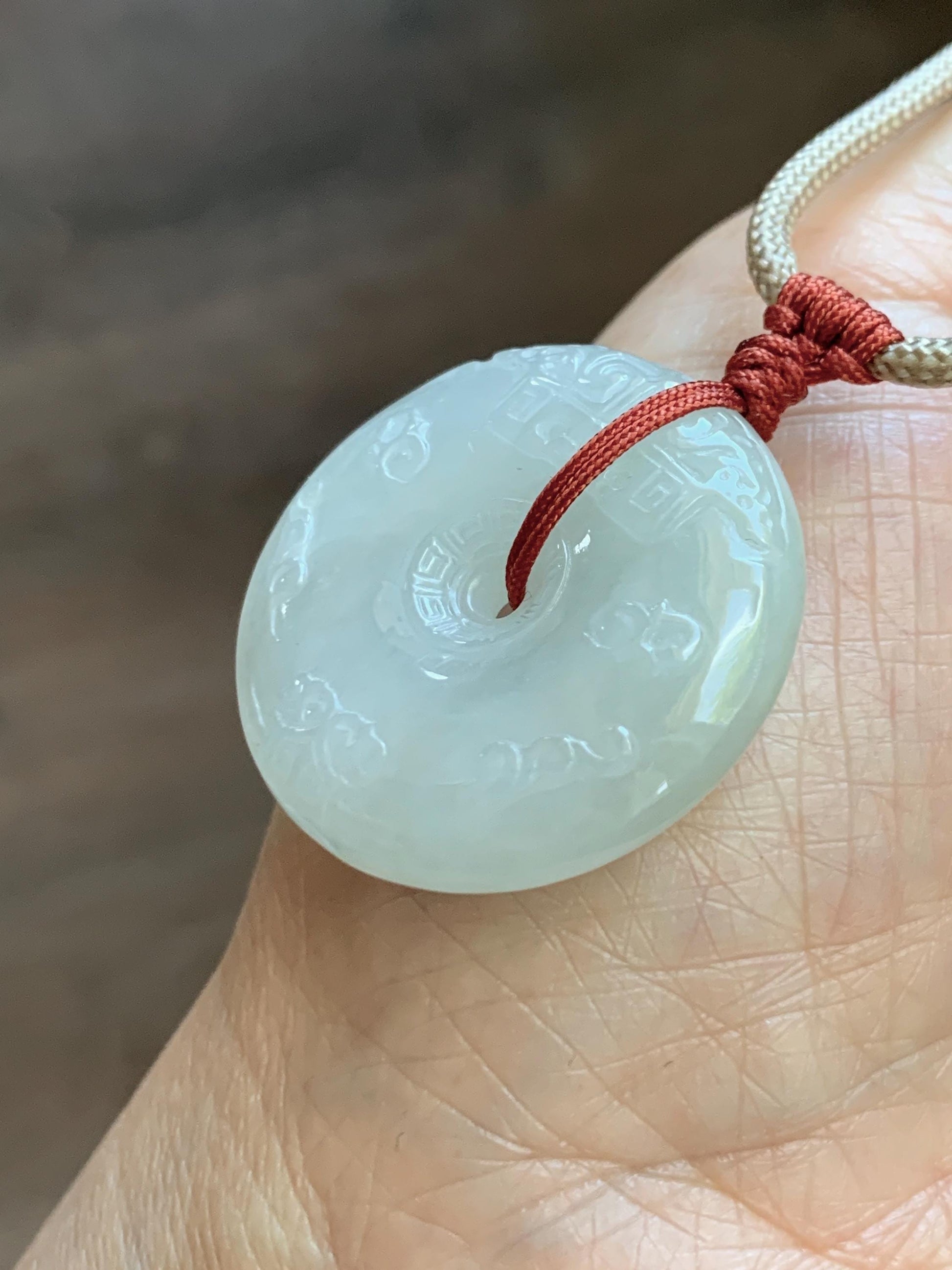 Natural Grade A Icy Translucent Light Beige Jade Jadeite Engraved Ping An Kou Donut Pendant Rope Necklace 24” 19g 天然细糯冰糖黄翡翠仿古雕平安扣项链 MFG360B
