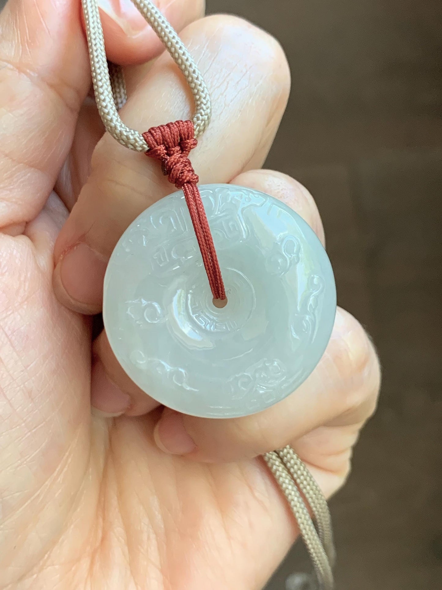 Natural Grade A Icy Translucent Light Beige Jade Jadeite Engraved Ping An Kou Donut Pendant Rope Necklace 24” 19g 天然细糯冰糖黄翡翠仿古雕平安扣项链 MFG360B
