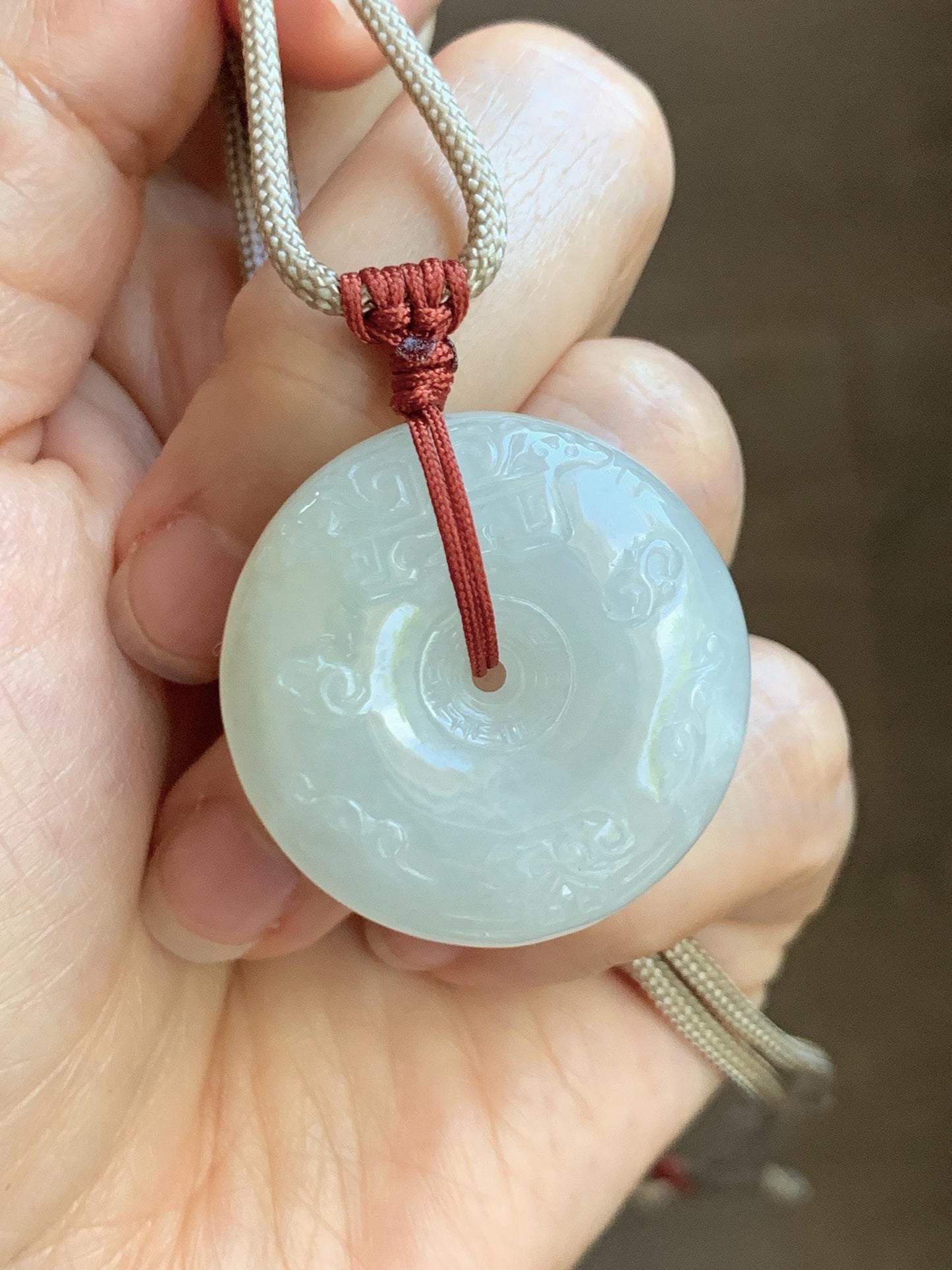 Natural Grade A Icy Translucent Light Beige Jade Jadeite Engraved Ping An Kou Donut Pendant Rope Necklace 24” 19g 天然细糯冰糖黄翡翠仿古雕平安扣项链 MFG360B