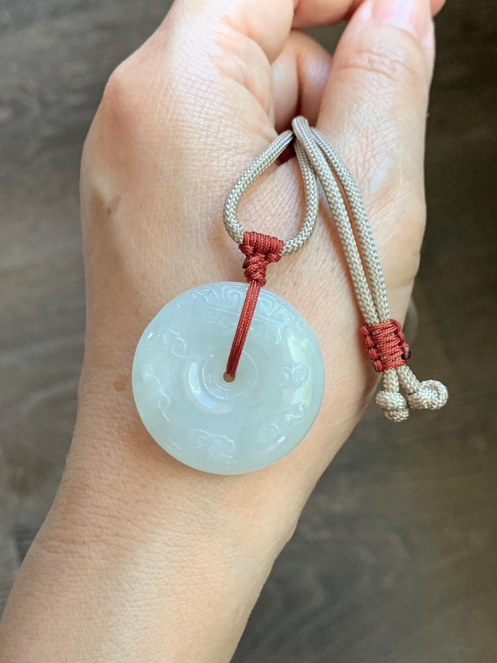 Natural Grade A Icy Translucent Light Beige Jade Jadeite Engraved Ping An Kou Donut Pendant Rope Necklace 24” 19g 天然细糯冰糖黄翡翠仿古雕平安扣项链 MFG360B
