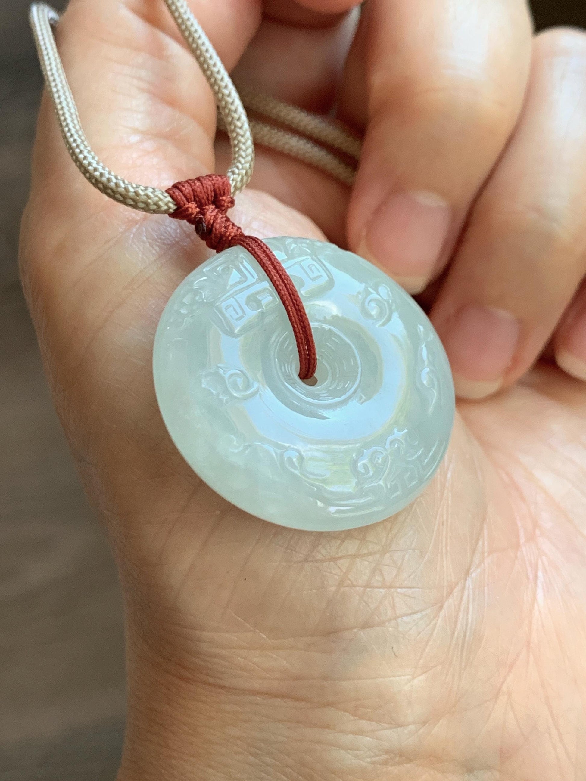 Natural Grade A Icy Translucent Light Beige Jade Jadeite Engraved Ping An Kou Donut Pendant Rope Necklace 24” 19g 天然细糯冰糖黄翡翠仿古雕平安扣项链 MFG360B