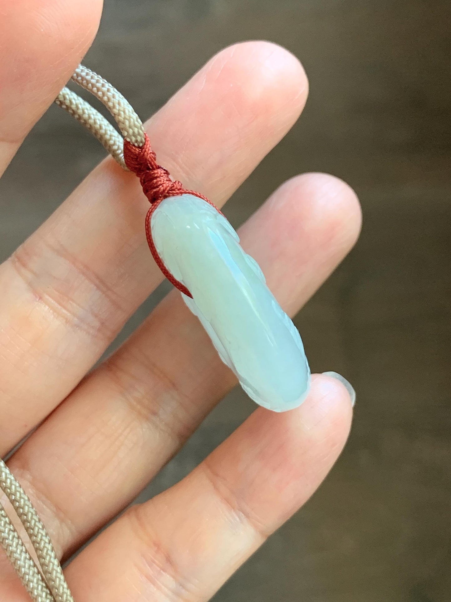 Natural Grade A Icy Translucent Light Beige Jade Jadeite Engraved Ping An Kou Donut Pendant Rope Necklace 24” 19g 天然细糯冰糖黄翡翠仿古雕平安扣项链 MFG360B