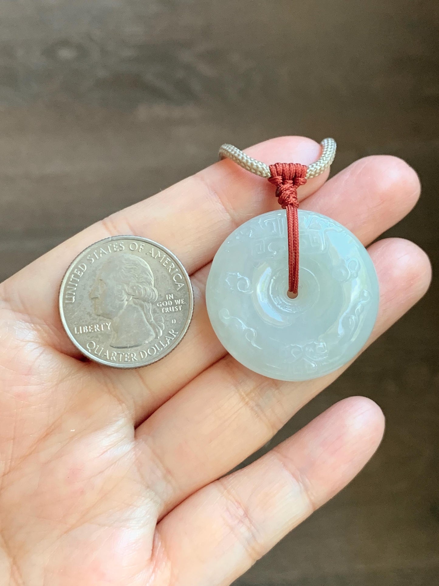 Natural Grade A Icy Translucent Light Beige Jade Jadeite Engraved Ping An Kou Donut Pendant Rope Necklace 24” 19g 天然细糯冰糖黄翡翠仿古雕平安扣项链 MFG360B
