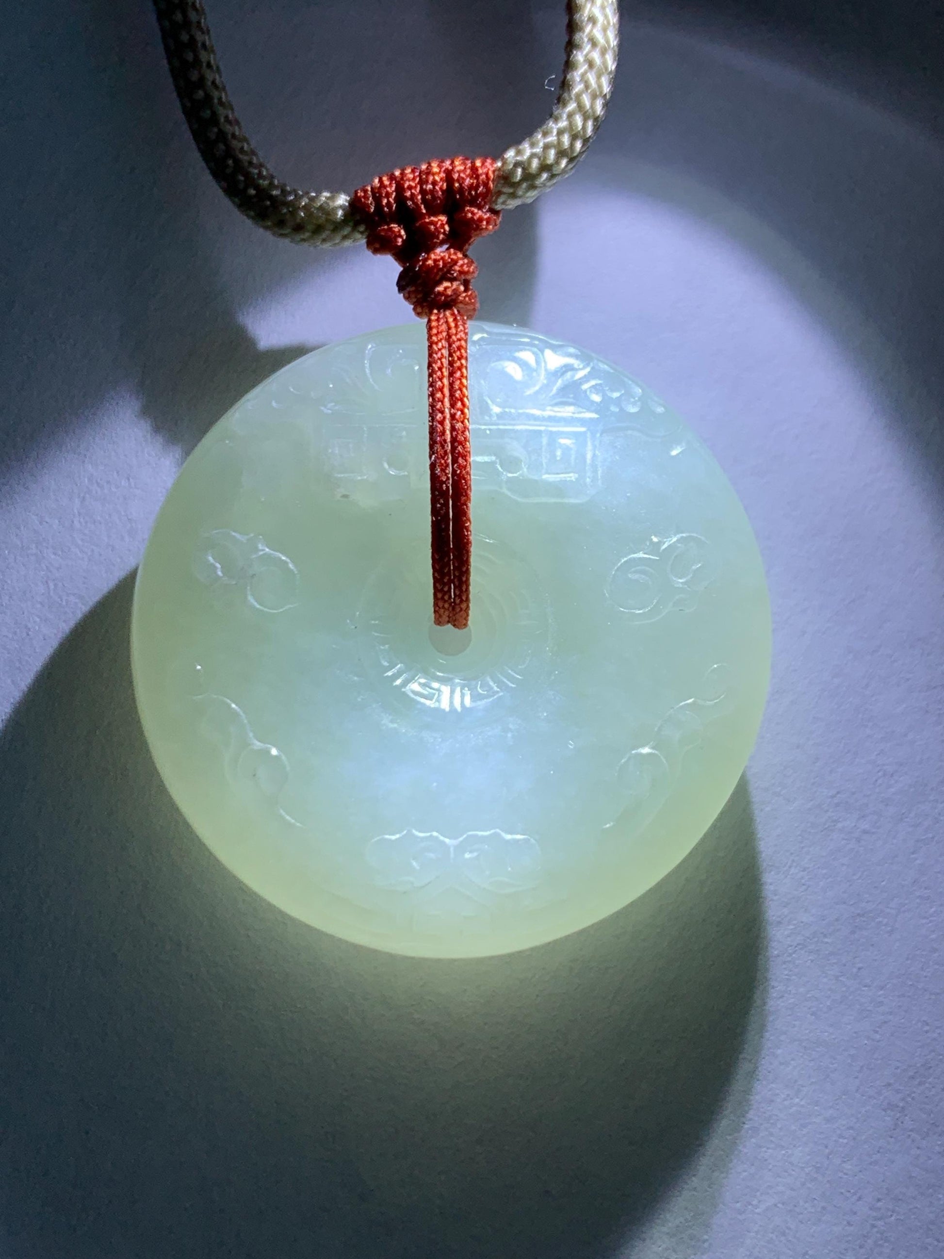 Natural Grade A Icy Translucent Light Beige Jade Jadeite Engraved Ping An Kou Donut Pendant Rope Necklace 24” 18g 天然细糯冰糖黄翡翠仿古雕平安扣项链 MFG360A
