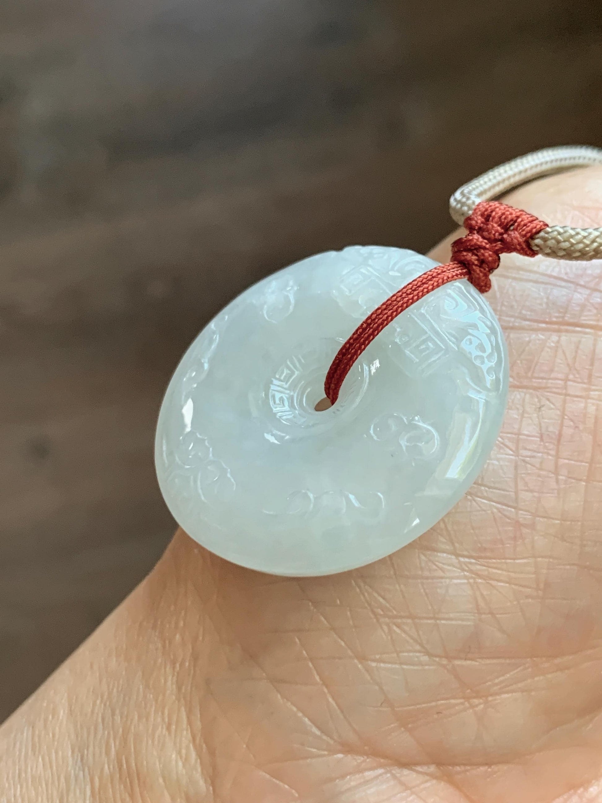 Natural Grade A Icy Translucent Light Beige Jade Jadeite Engraved Ping An Kou Donut Pendant Rope Necklace 24” 18g 天然细糯冰糖黄翡翠仿古雕平安扣项链 MFG360A