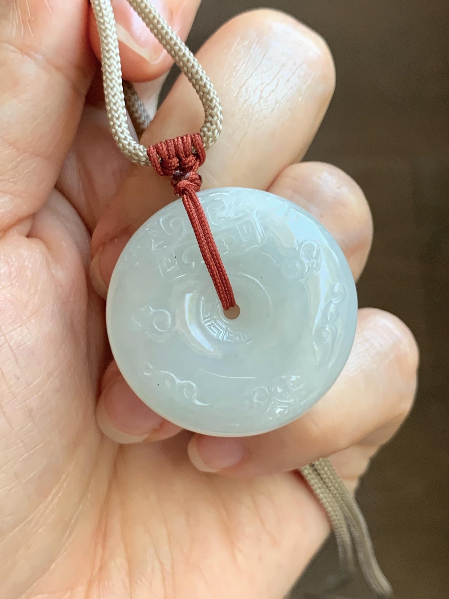 Natural Grade A Icy Translucent Light Beige Jade Jadeite Engraved Ping An Kou Donut Pendant Rope Necklace 24” 18g 天然细糯冰糖黄翡翠仿古雕平安扣项链 MFG360A