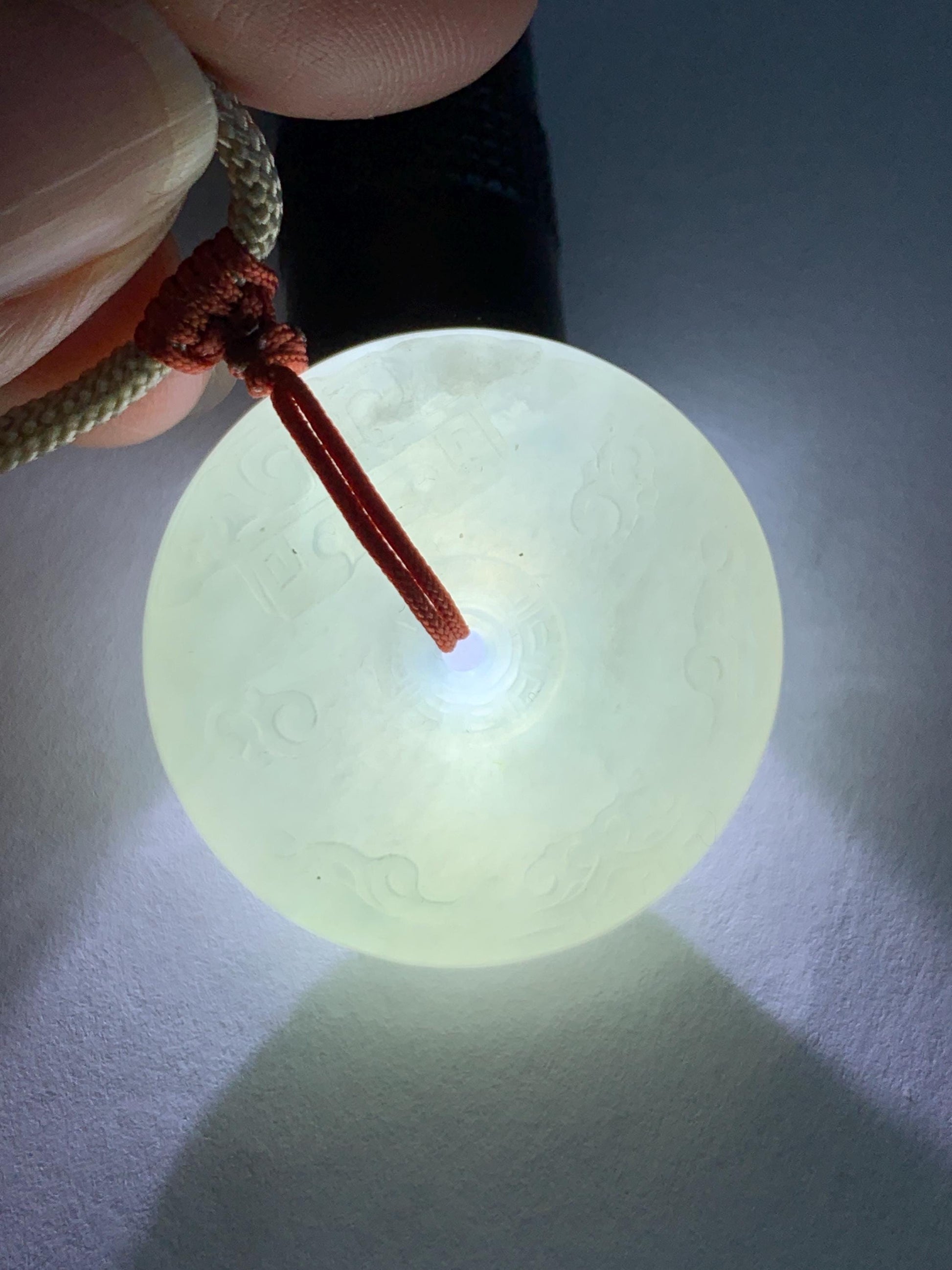 Natural Grade A Icy Translucent Light Beige Jade Jadeite Engraved Ping An Kou Donut Pendant Rope Necklace 24” 18g 天然细糯冰糖黄翡翠仿古雕平安扣项链 MFG360A
