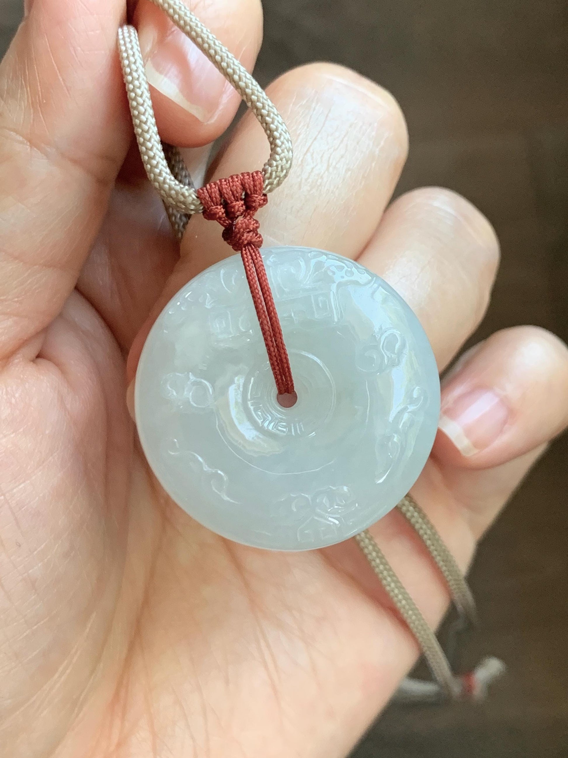 Natural Grade A Icy Translucent Light Beige Jade Jadeite Engraved Ping An Kou Donut Pendant Rope Necklace 24” 18g 天然细糯冰糖黄翡翠仿古雕平安扣项链 MFG360A