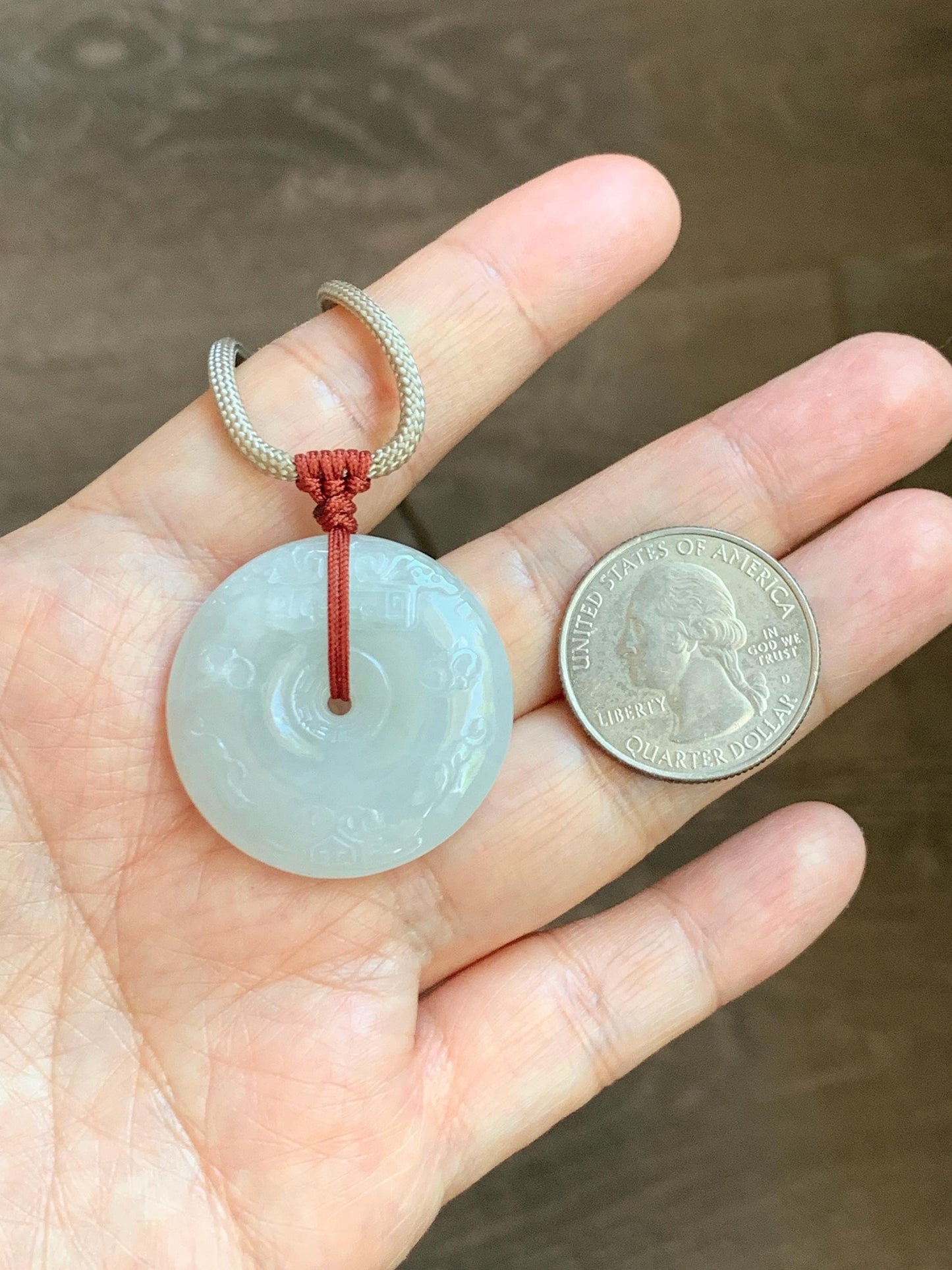 Natural Grade A Icy Translucent Light Beige Jade Jadeite Engraved Ping An Kou Donut Pendant Rope Necklace 24” 18g 天然细糯冰糖黄翡翠仿古雕平安扣项链 MFG360A