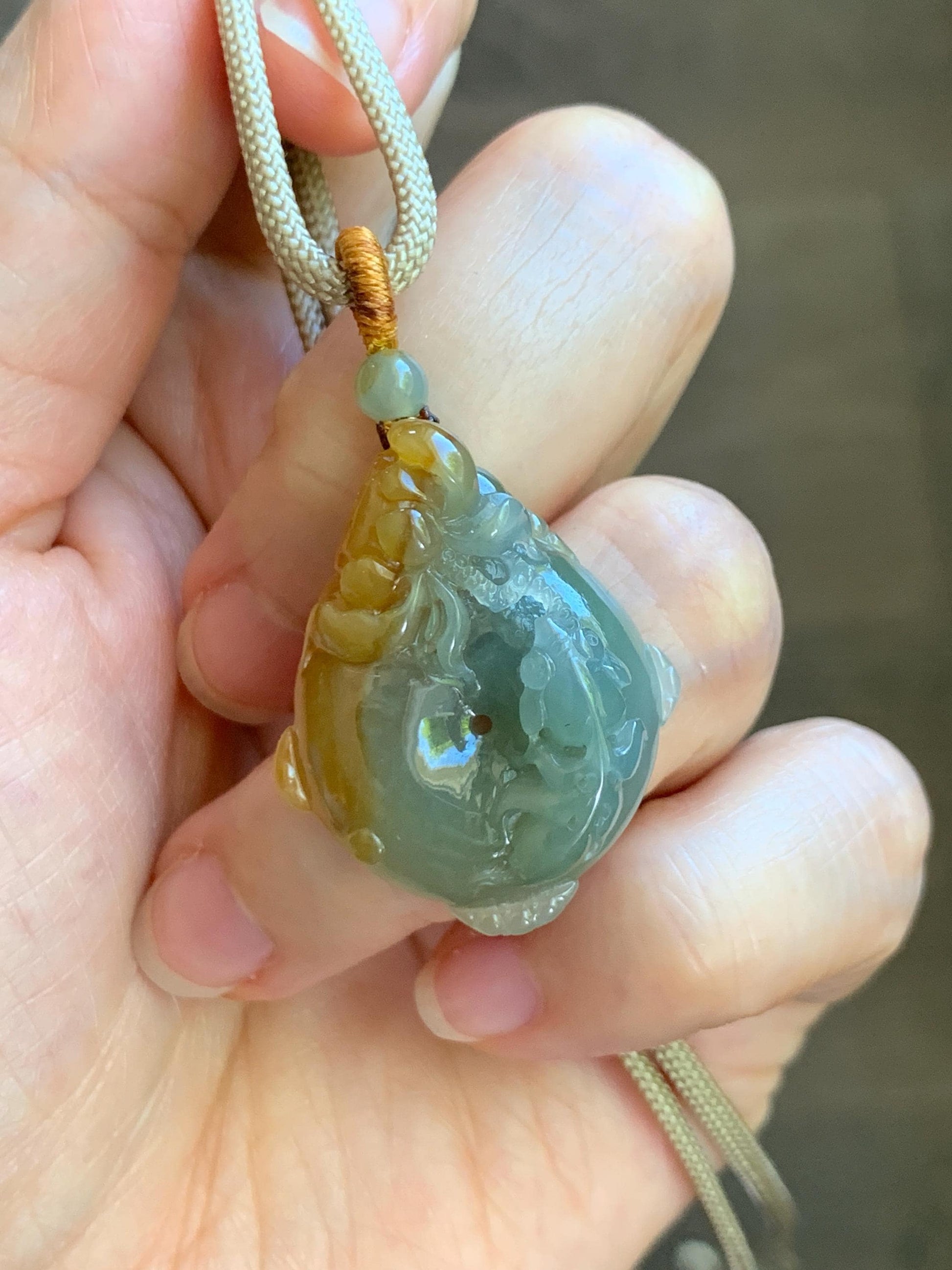 Certified Natural Grade A Icy Translucent Bicolored Jade Jadeite Lotus & Goldfish Ping An Kou Donut Pendant Rope Necklace 天然冰胶翡翠莲花鱼平安扣吊坠 449