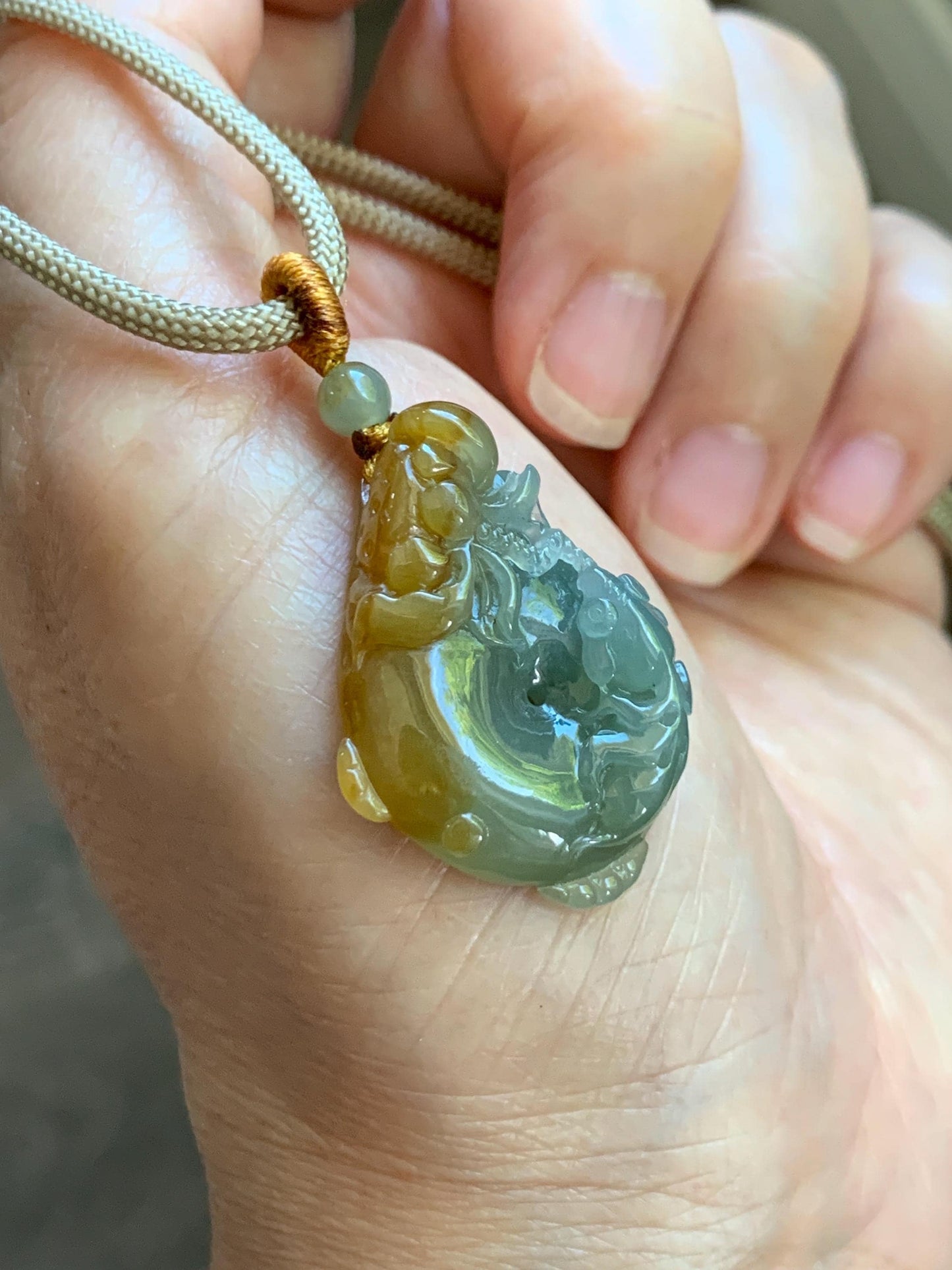 Certified Natural Grade A Icy Translucent Bicolored Jade Jadeite Lotus & Goldfish Ping An Kou Donut Pendant Rope Necklace 天然冰胶翡翠莲花鱼平安扣吊坠 449