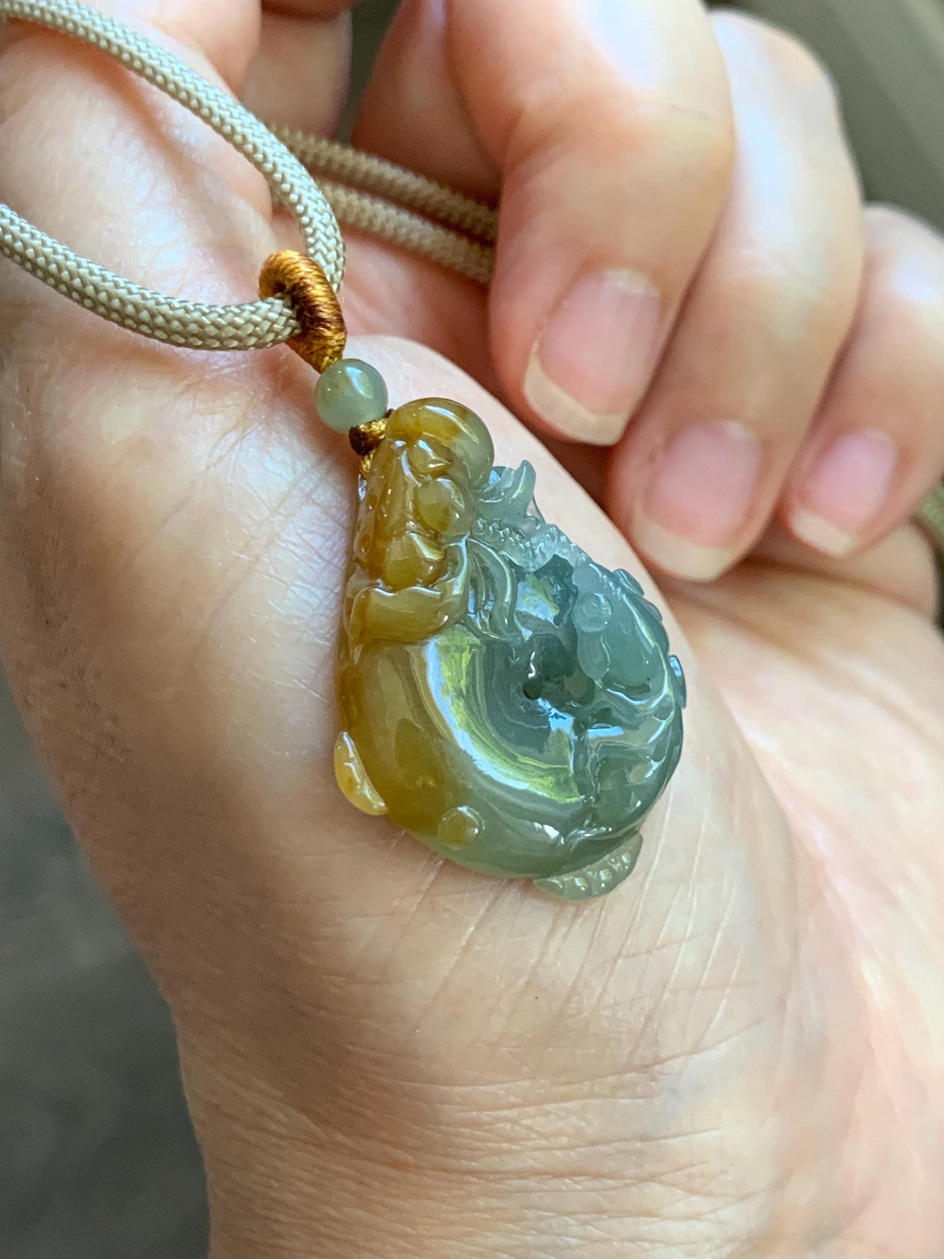 Certified Natural Grade A Icy Translucent Bicolored Jade Jadeite Lotus & Goldfish Ping An Kou Donut Pendant Rope Necklace 天然冰胶翡翠莲花鱼平安扣吊坠 449