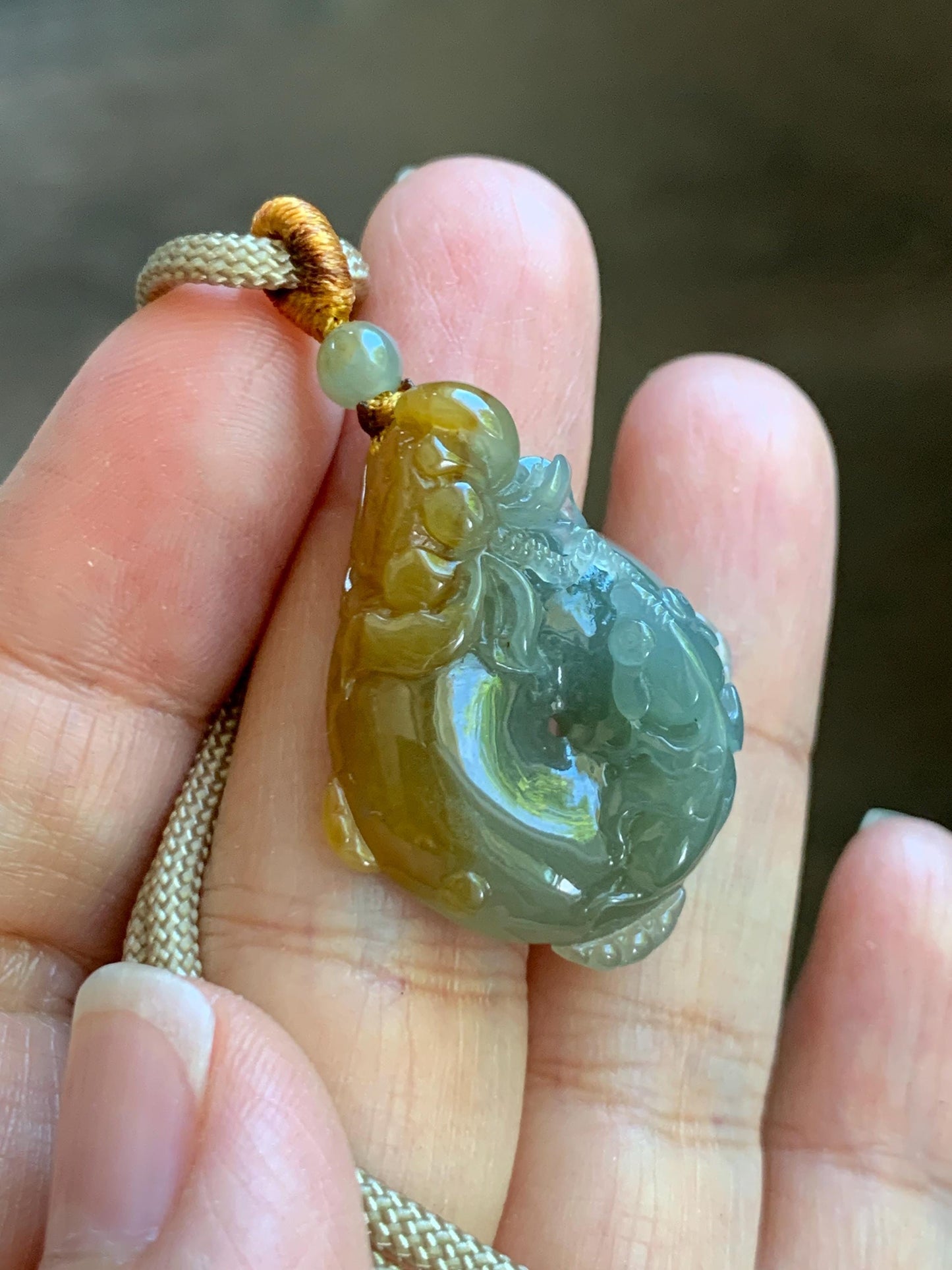 Certified Natural Grade A Icy Translucent Bicolored Jade Jadeite Lotus & Goldfish Ping An Kou Donut Pendant Rope Necklace 天然冰胶翡翠莲花鱼平安扣吊坠 449