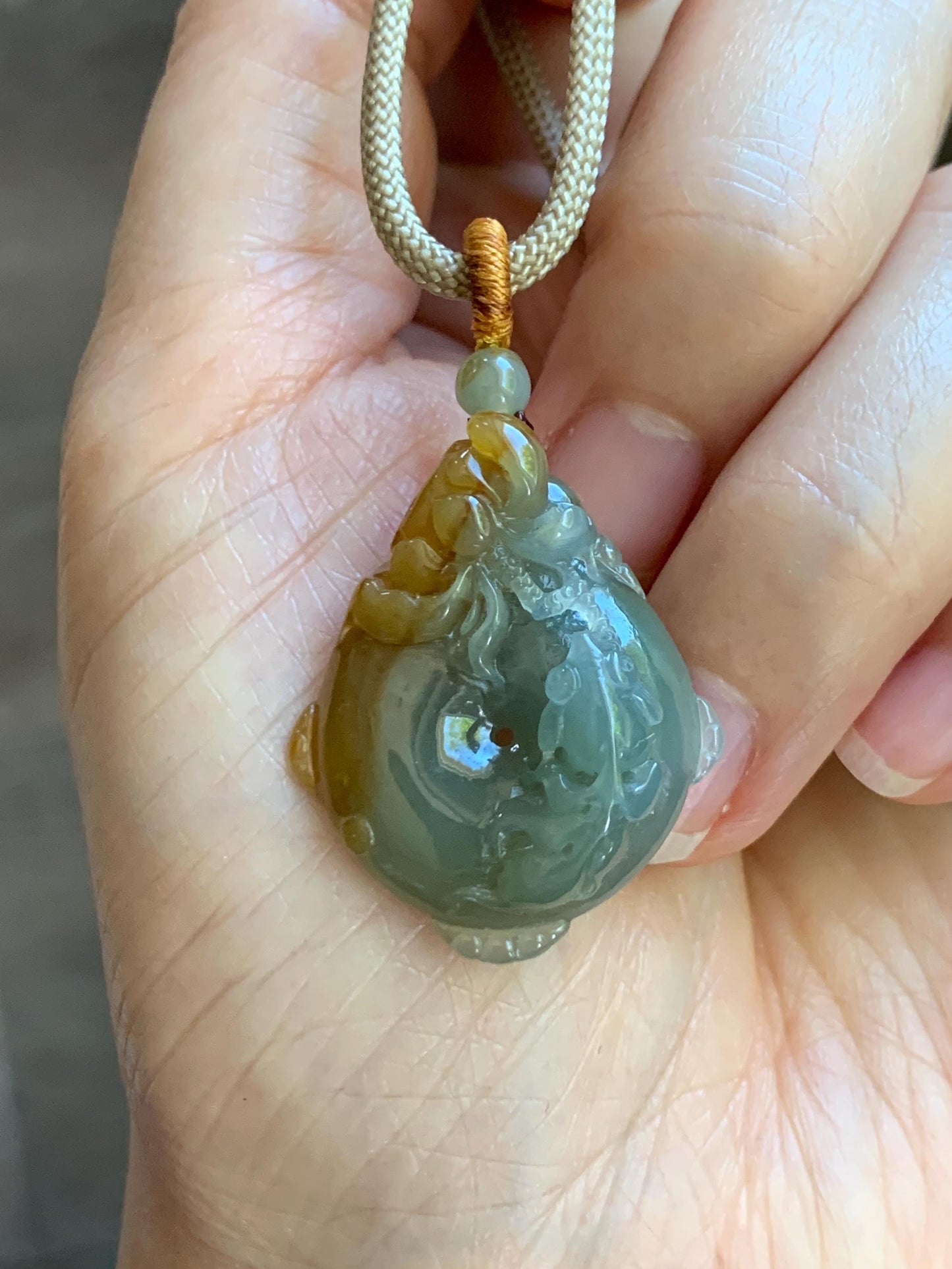 Certified Natural Grade A Icy Translucent Bicolored Jade Jadeite Lotus & Goldfish Ping An Kou Donut Pendant Rope Necklace 天然冰胶翡翠莲花鱼平安扣吊坠 449