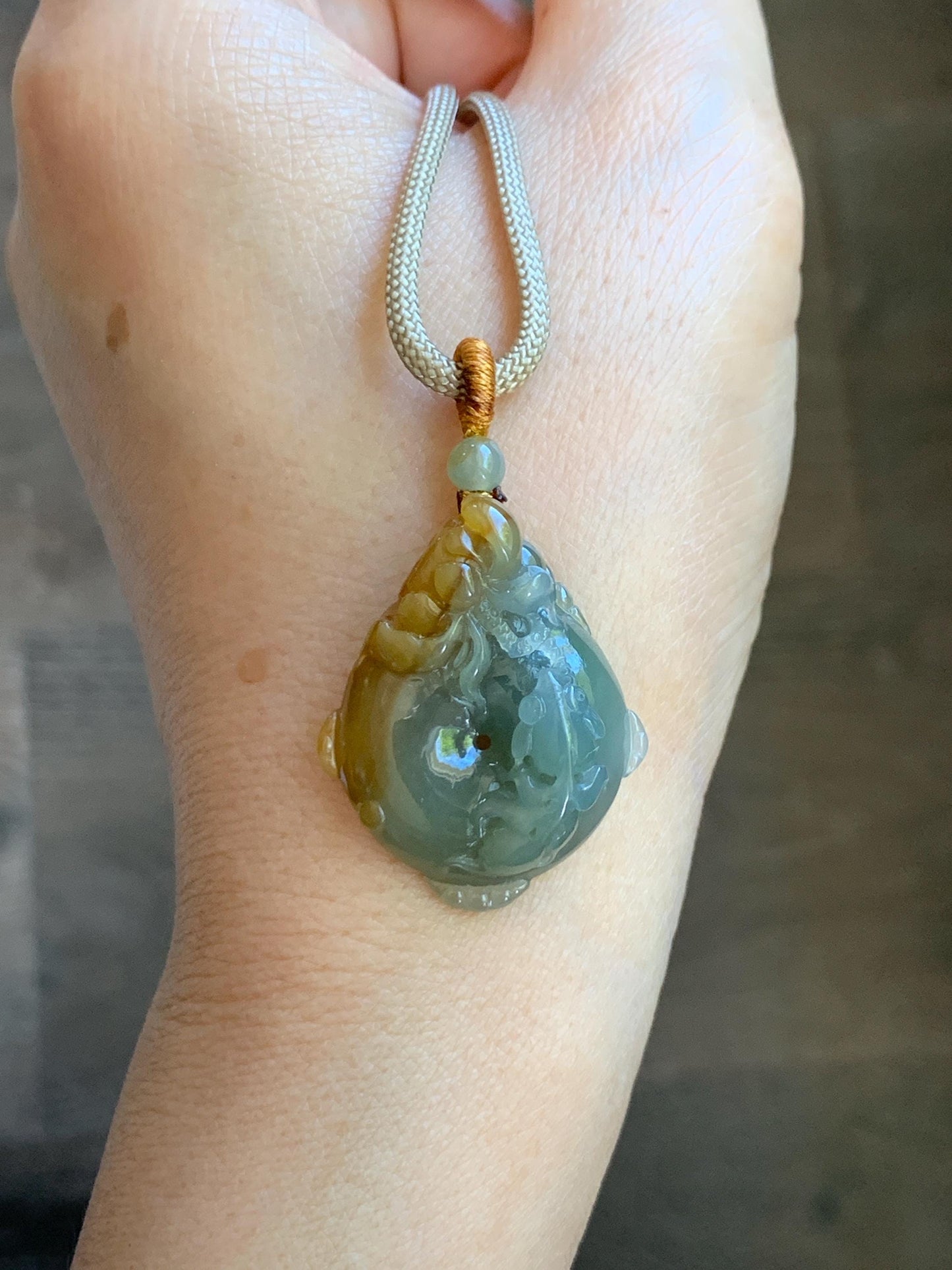 Certified Natural Grade A Icy Translucent Bicolored Jade Jadeite Lotus & Goldfish Ping An Kou Donut Pendant Rope Necklace 天然冰胶翡翠莲花鱼平安扣吊坠 449