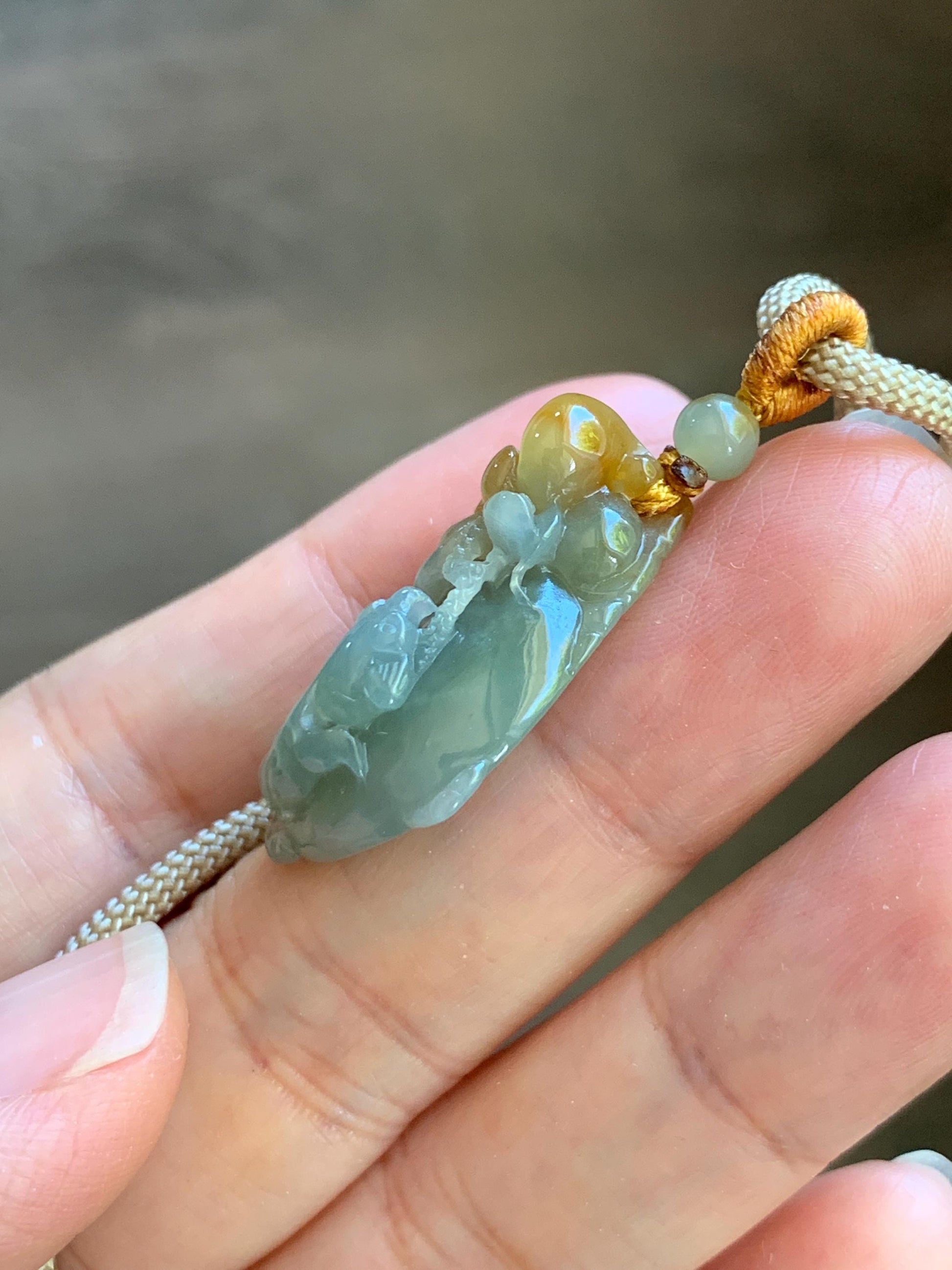 Certified Natural Grade A Icy Translucent Bicolored Jade Jadeite Lotus & Goldfish Ping An Kou Donut Pendant Rope Necklace 天然冰胶翡翠莲花鱼平安扣吊坠 449