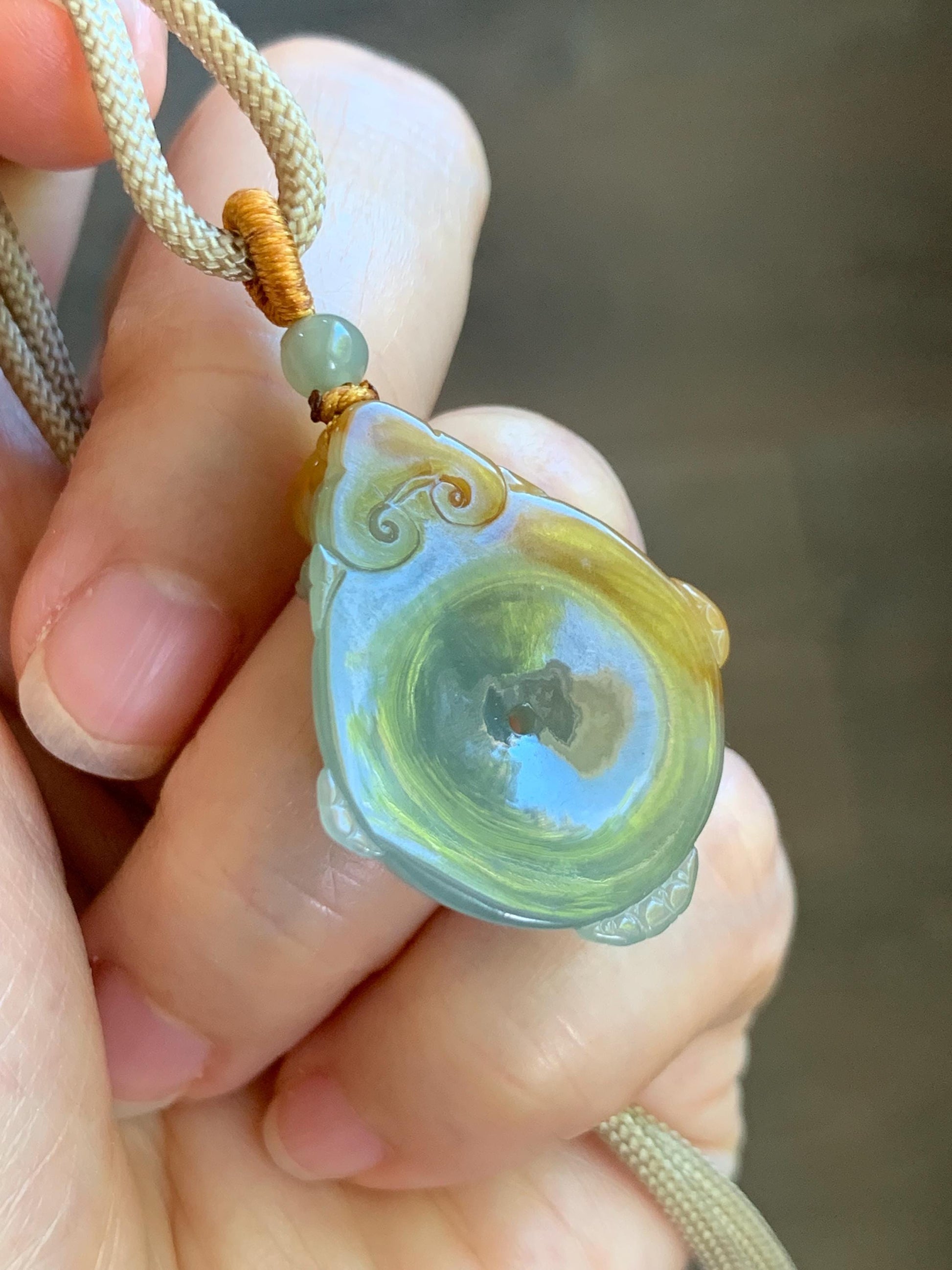 Certified Natural Grade A Icy Translucent Bicolored Jade Jadeite Lotus & Goldfish Ping An Kou Donut Pendant Rope Necklace 天然冰胶翡翠莲花鱼平安扣吊坠 449