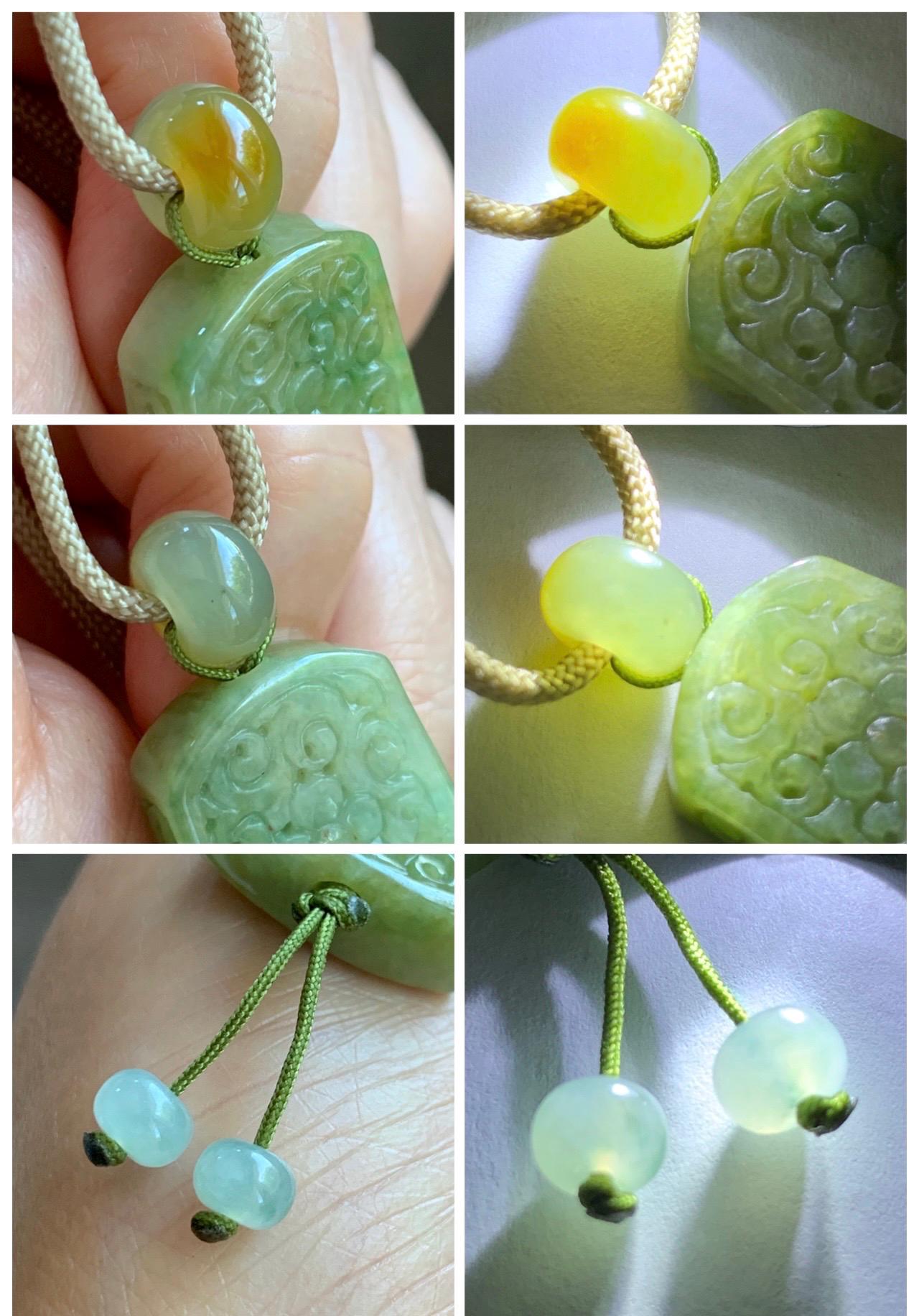 Natural Grade A Icy Translucent Yellowish Green Marbled Jade Jadeite Engraved Pendant Rope Necklace 24” 12g 天然冰茶晃翡翠仿古雕无事牌吊坠 MFG334