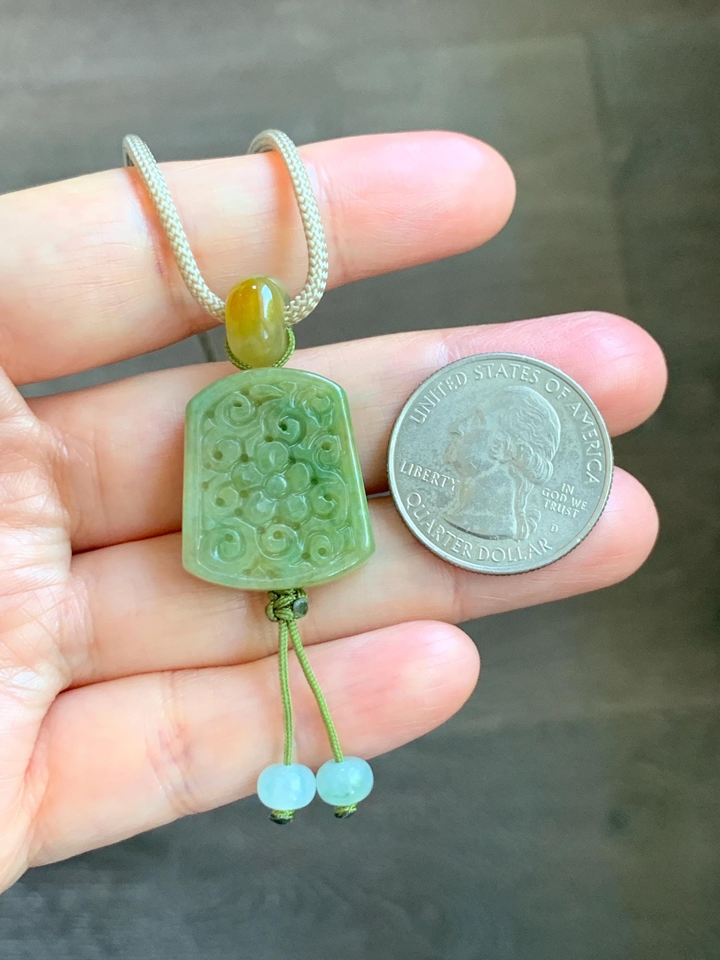 Natural Grade A Icy Translucent Yellowish Green Marbled Jade Jadeite Engraved Pendant Rope Necklace 24” 12g 天然冰茶晃翡翠仿古雕无事牌吊坠 MFG334