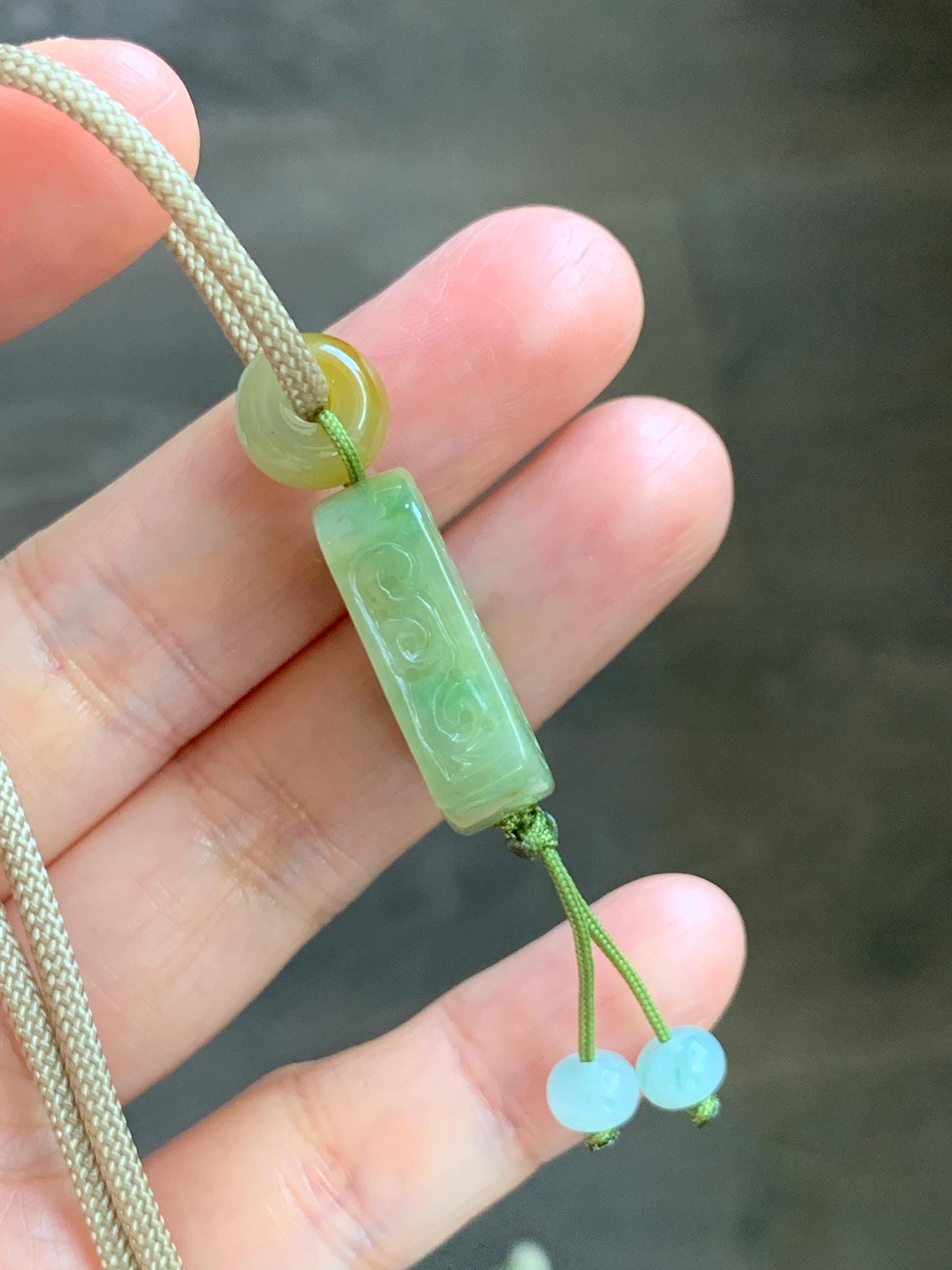 Natural Grade A Icy Translucent Yellowish Green Marbled Jade Jadeite Engraved Pendant Rope Necklace 24” 12g 天然冰茶晃翡翠仿古雕无事牌吊坠 MFG334